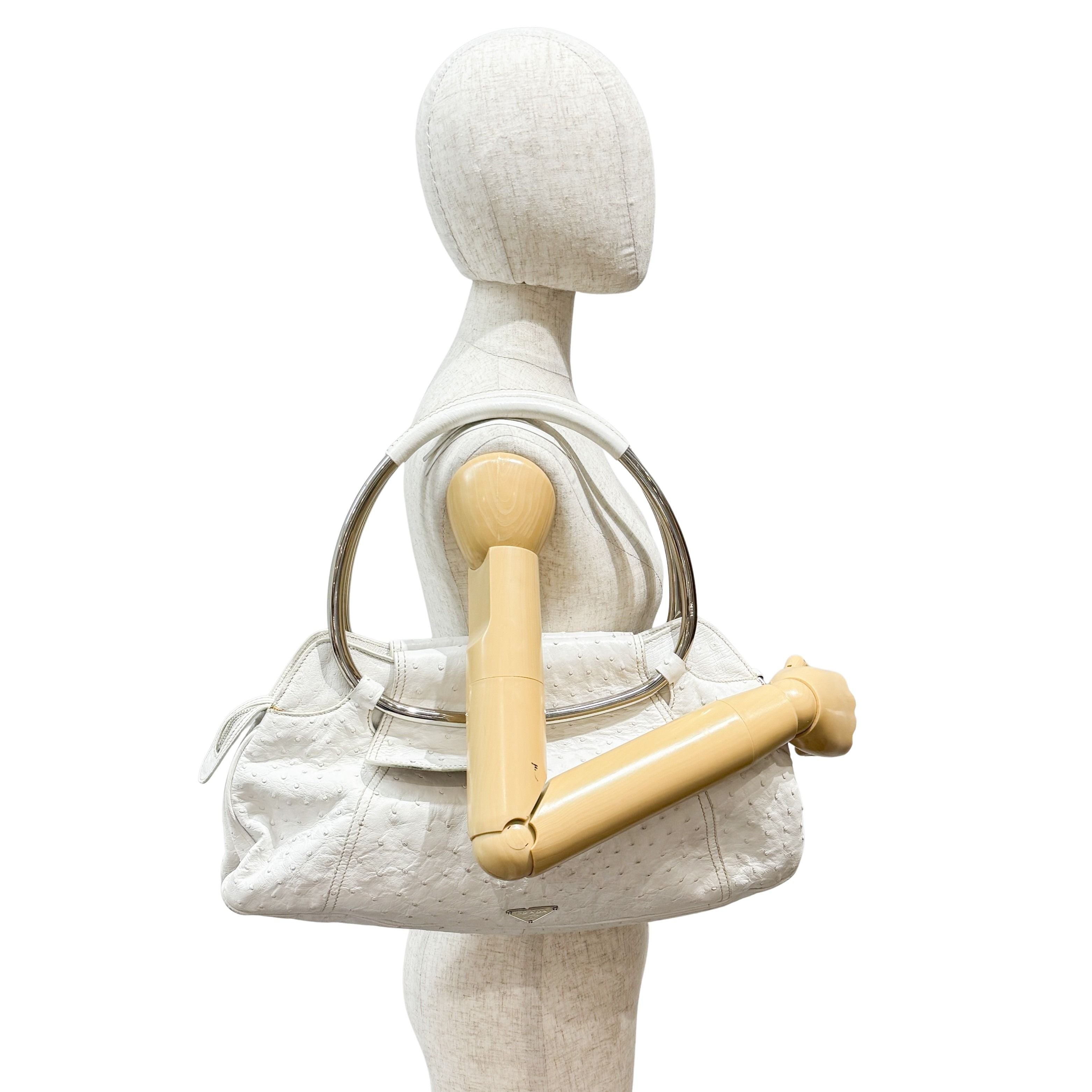 White Ostrich Embossed Leather Shoulder Bag