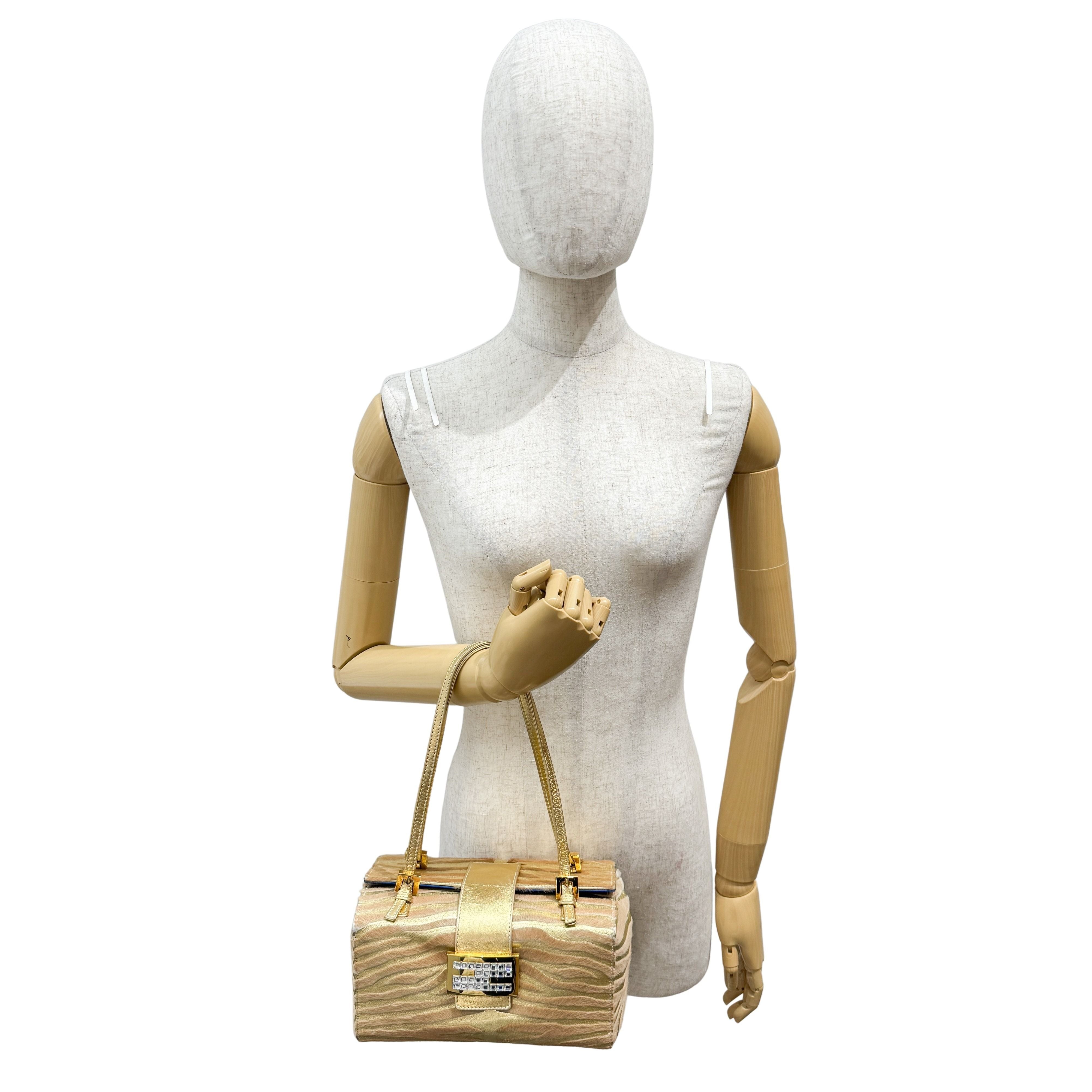 Mamma Baguette Gold Zebra Striped Pink Pony Hair Box Bag