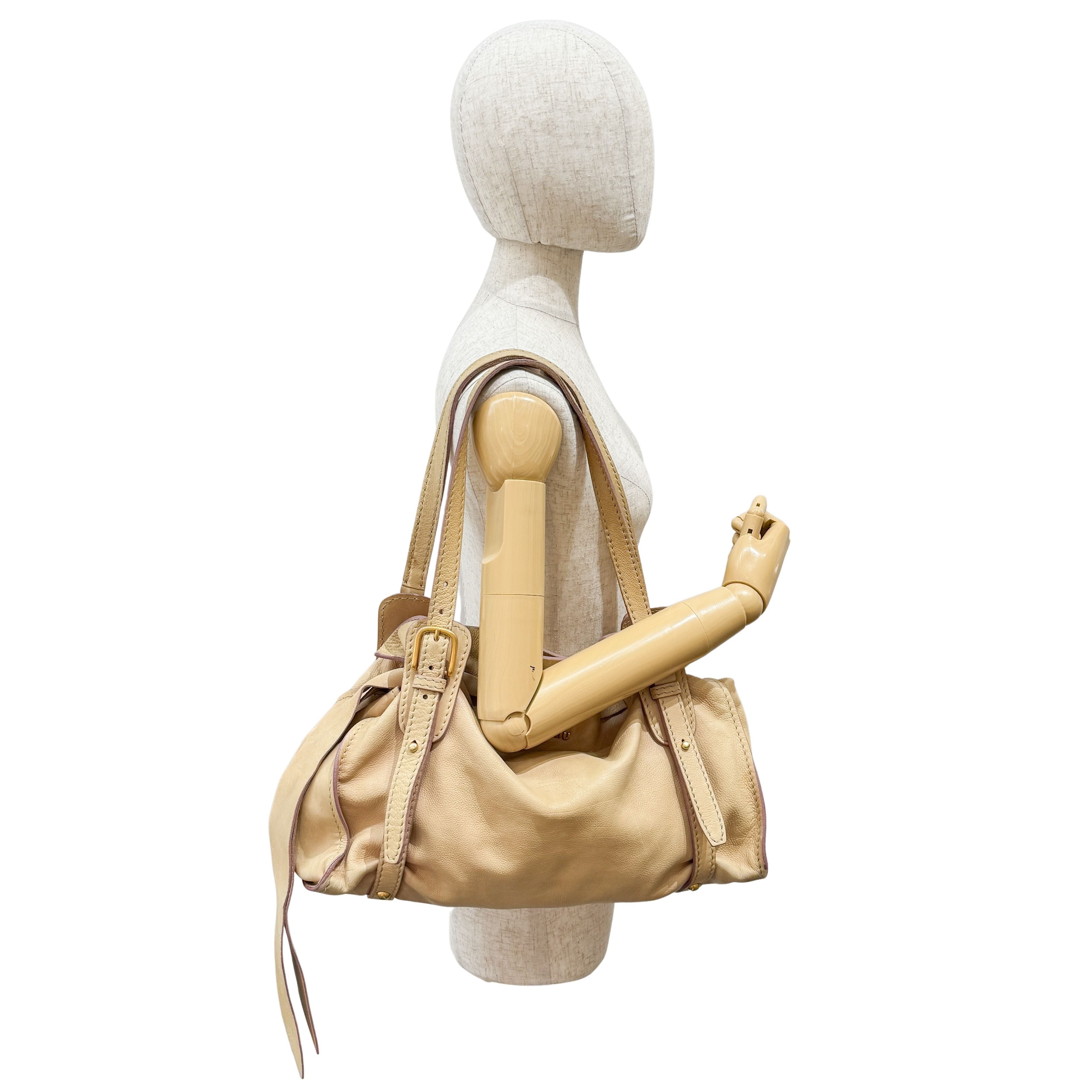 Vitello Lux Bow Bag Beige Calfskin Leather Shoulder Bag