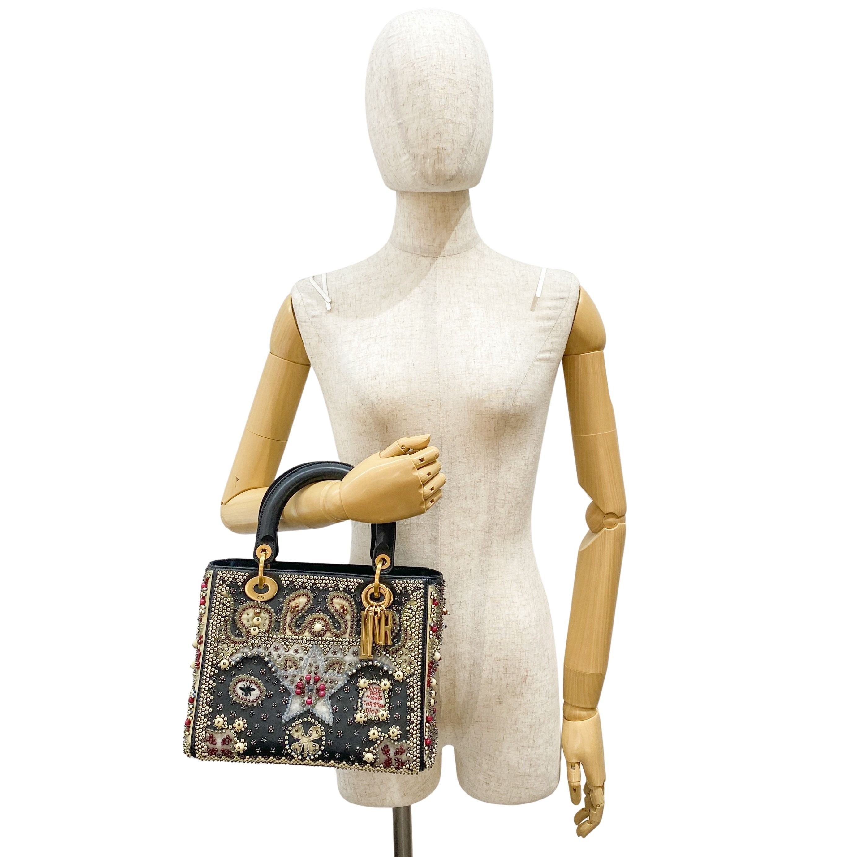 Lady Dior Black Leather Embroided Beads Bag