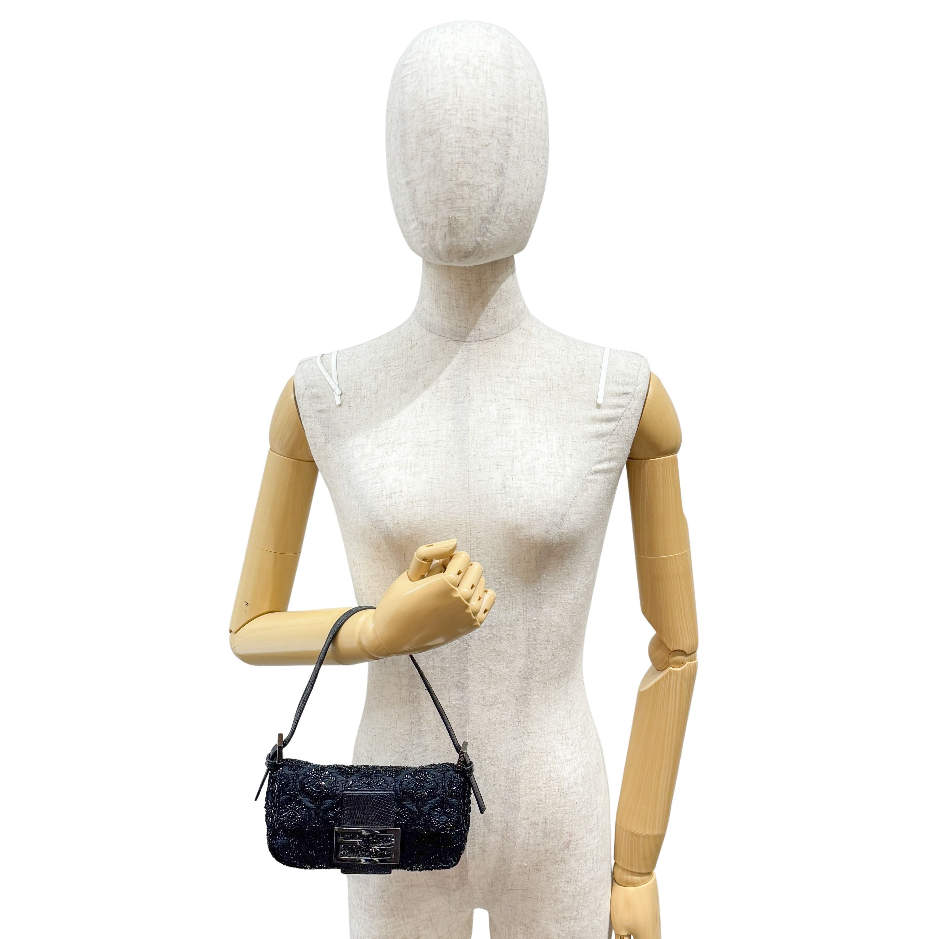 Mini Baguette Rhinestone Hardware Black Beaded Shoulder Bag