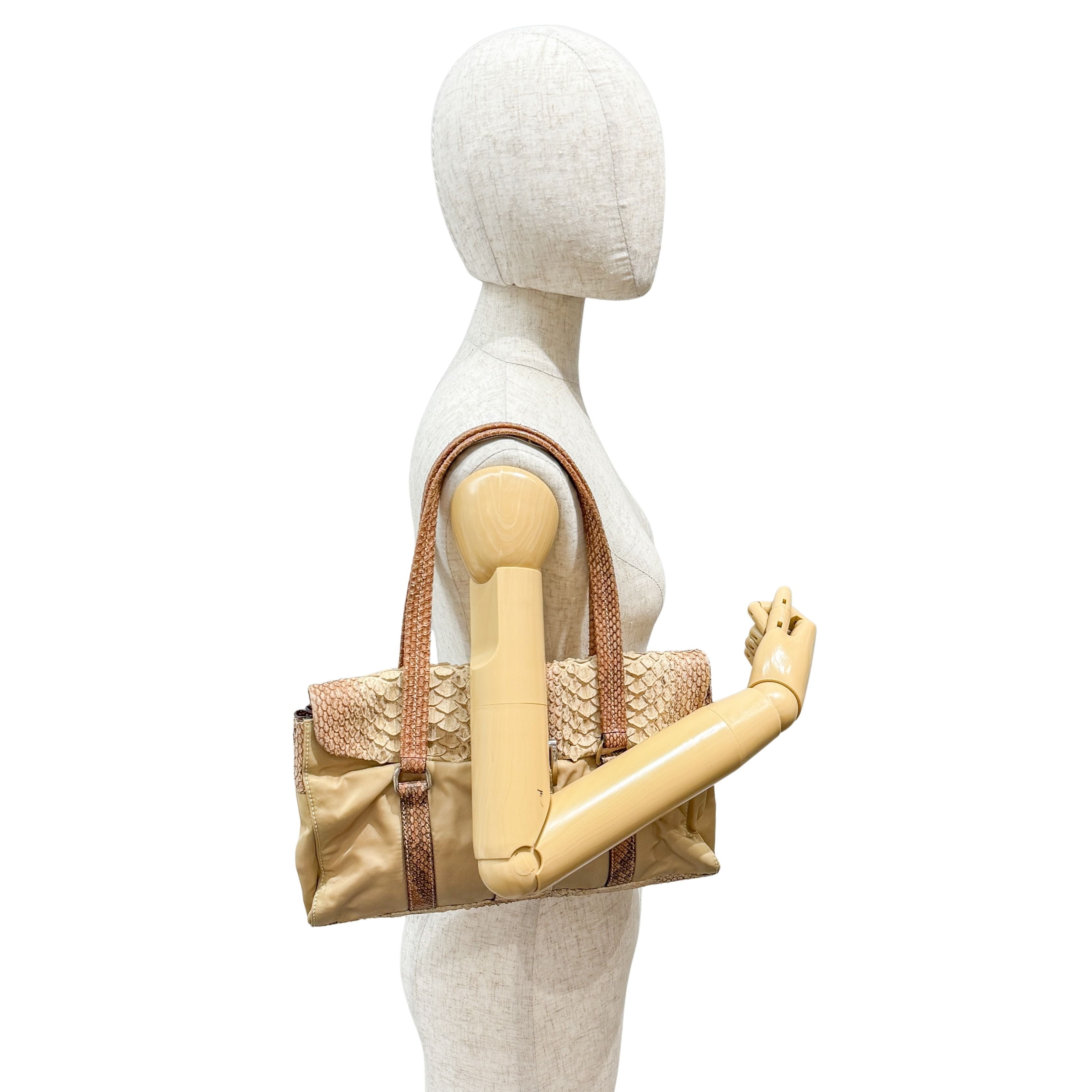 Python Embossed Beige Nylon Shoulder Bag