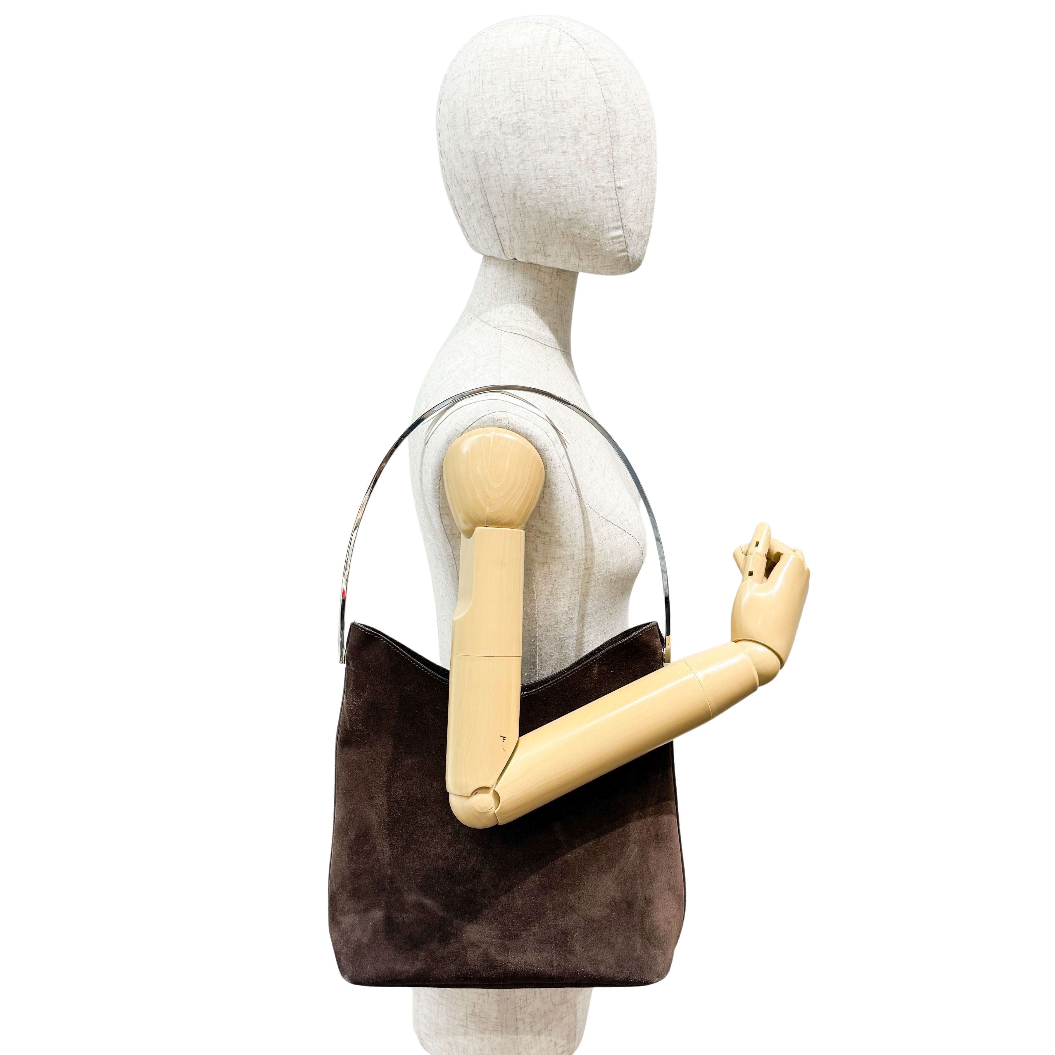 Brown Suede with Silver-tone Handle Shoulder Bag