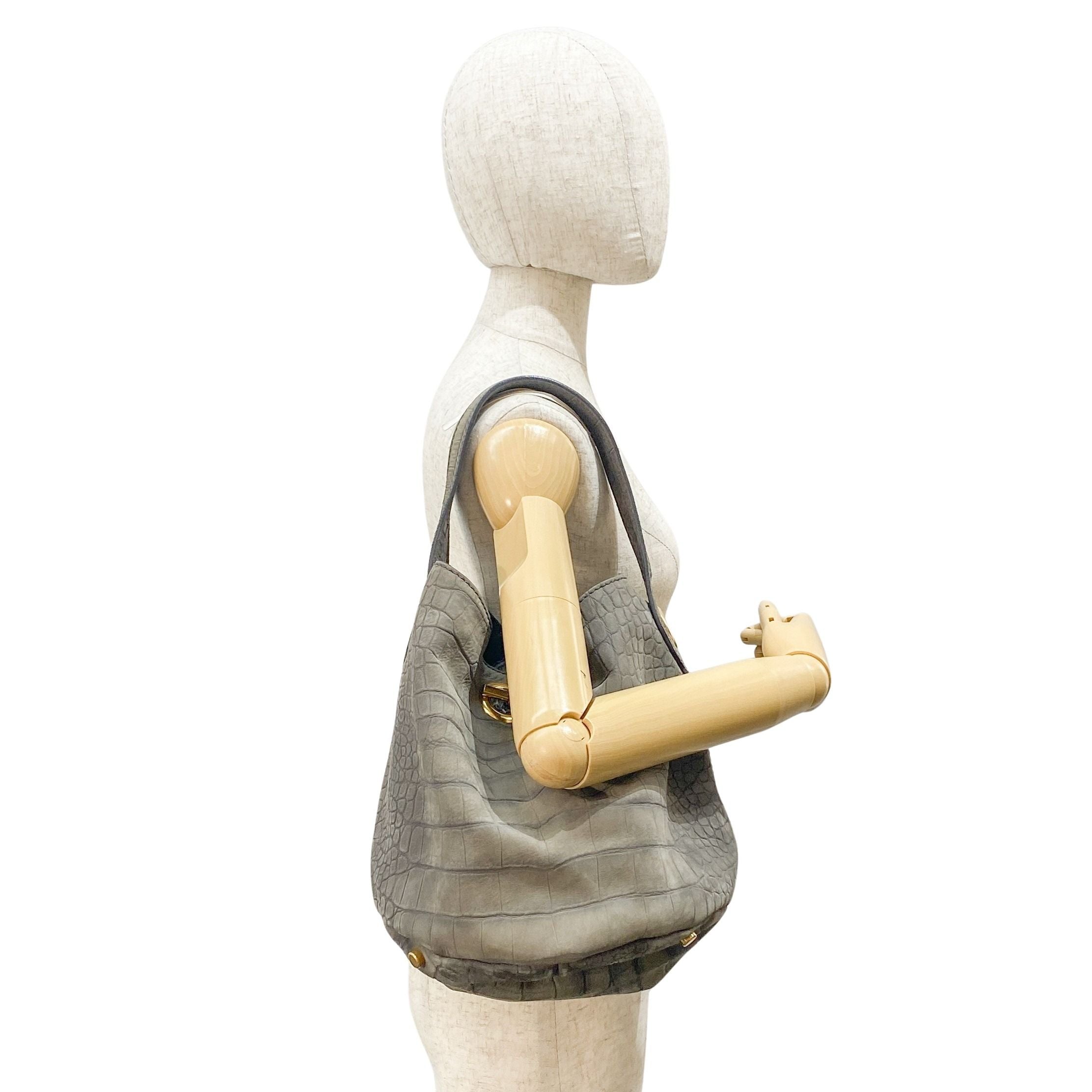 Grey Crocodile Embossed Nubuck Leather Hobo Bag