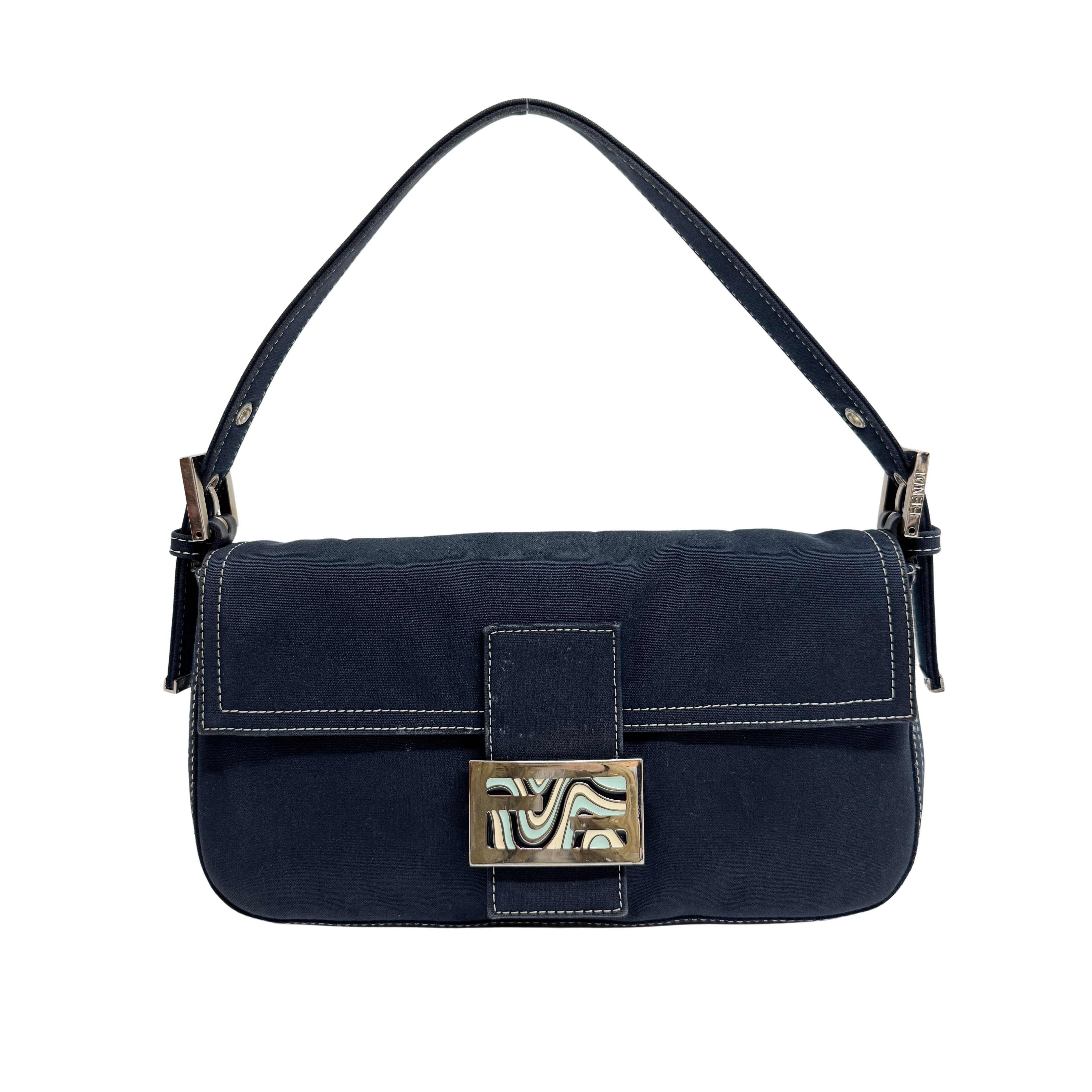 Baguette Navy Cotton Shoulder Bag