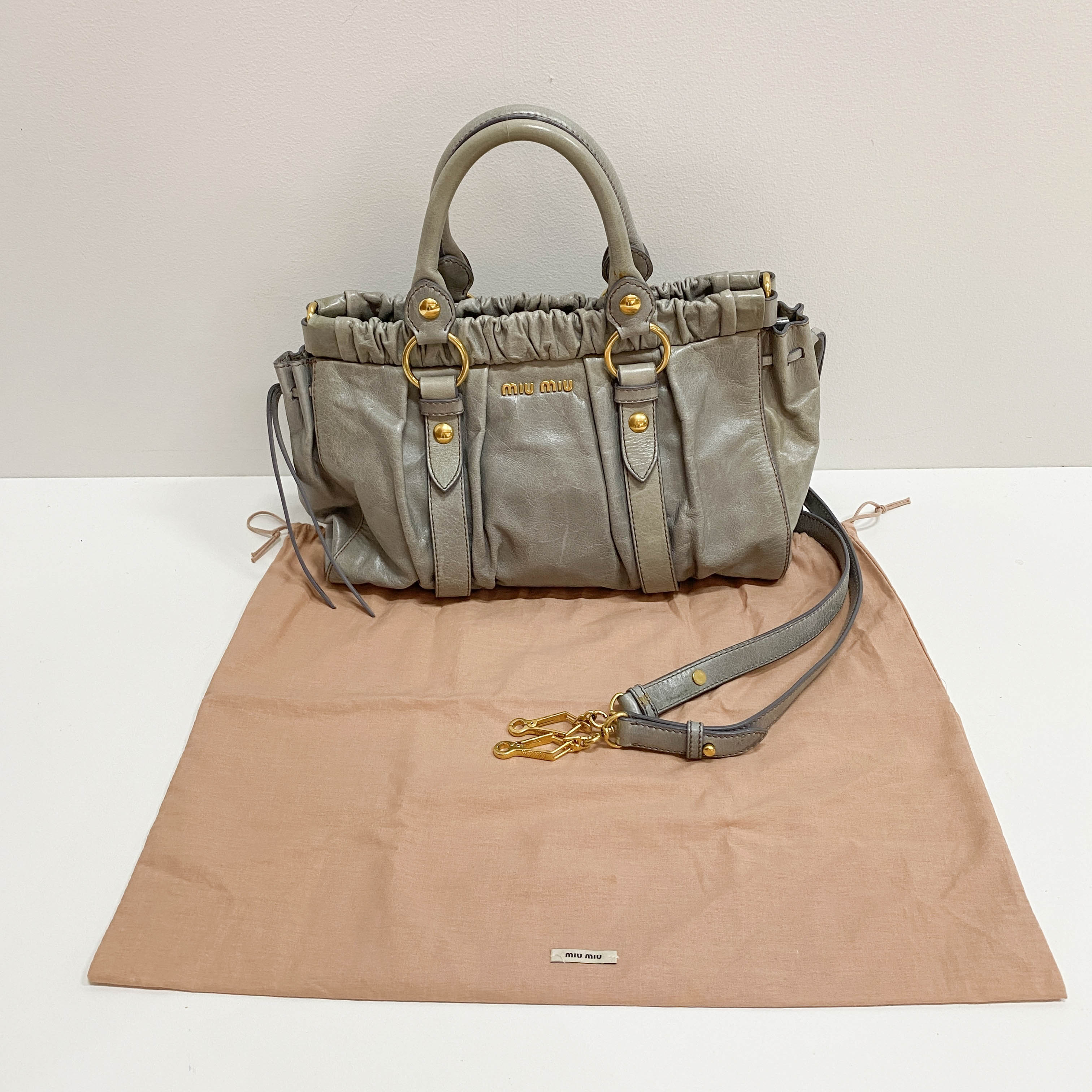 Vitello Bauletto Grey Calfskin Leather Two Way Bag