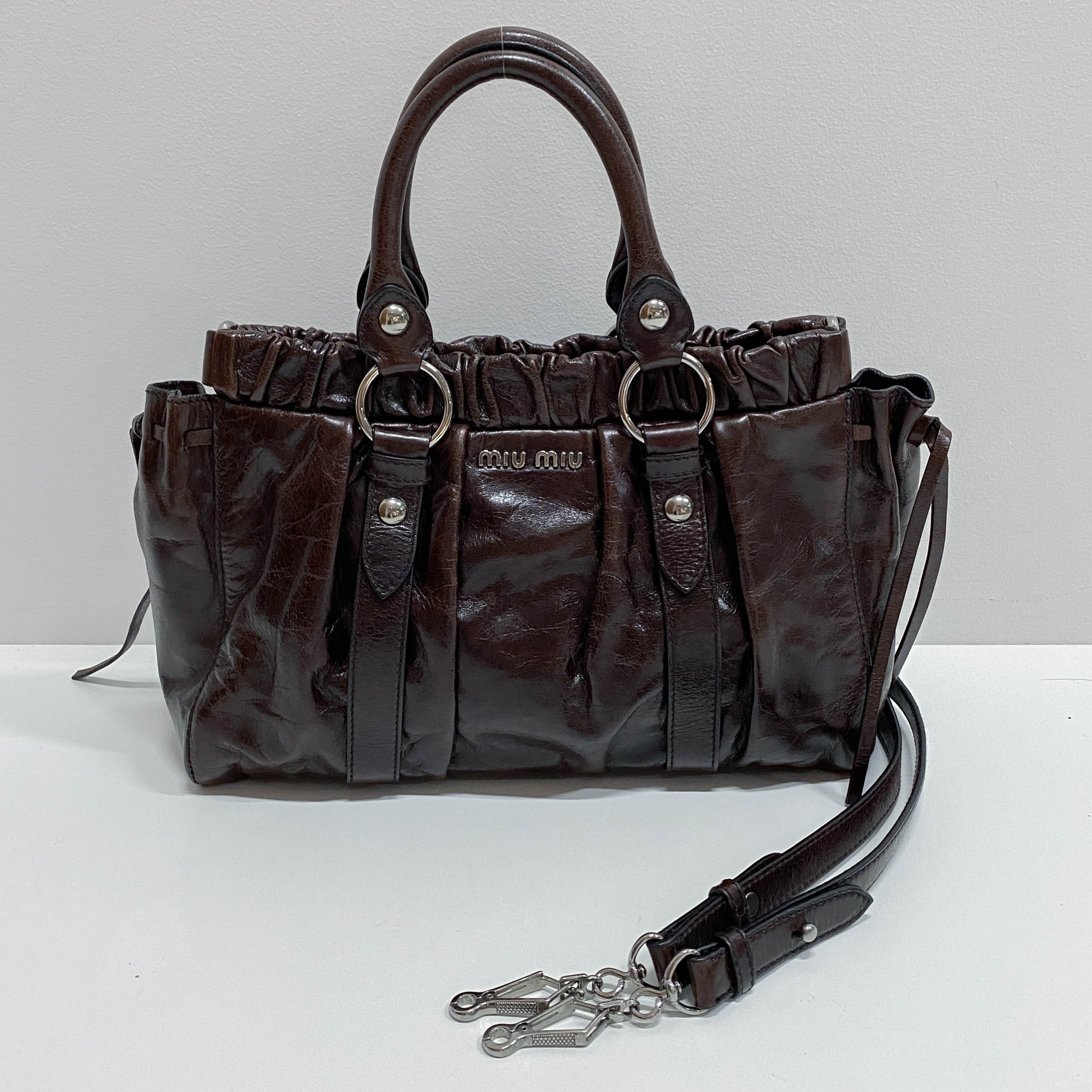 Vitello Bauletto Dark Brown Calfskin Leather Two Way Bag