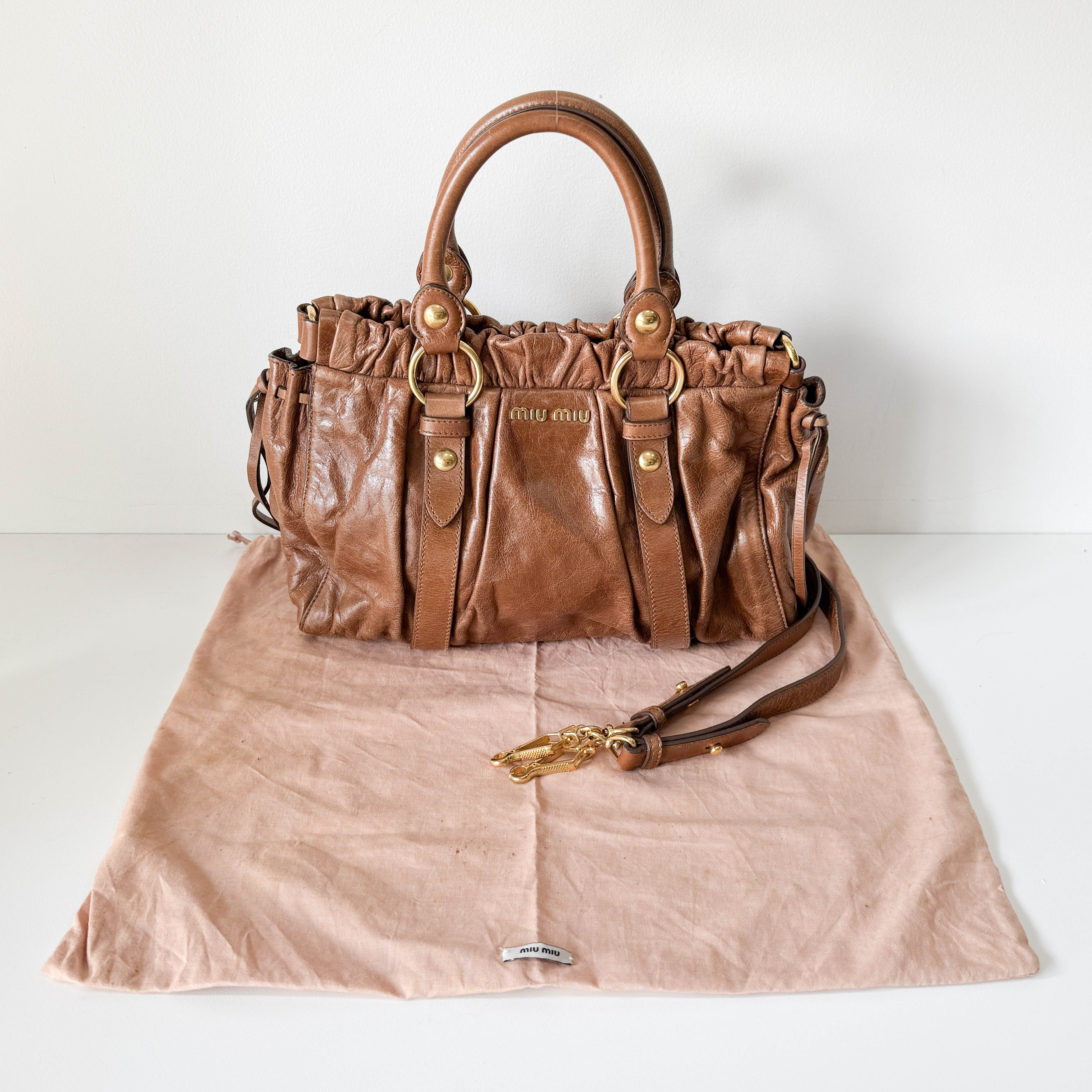 Vitello Bauletto Brown Calfskin Leather Two Way Bag