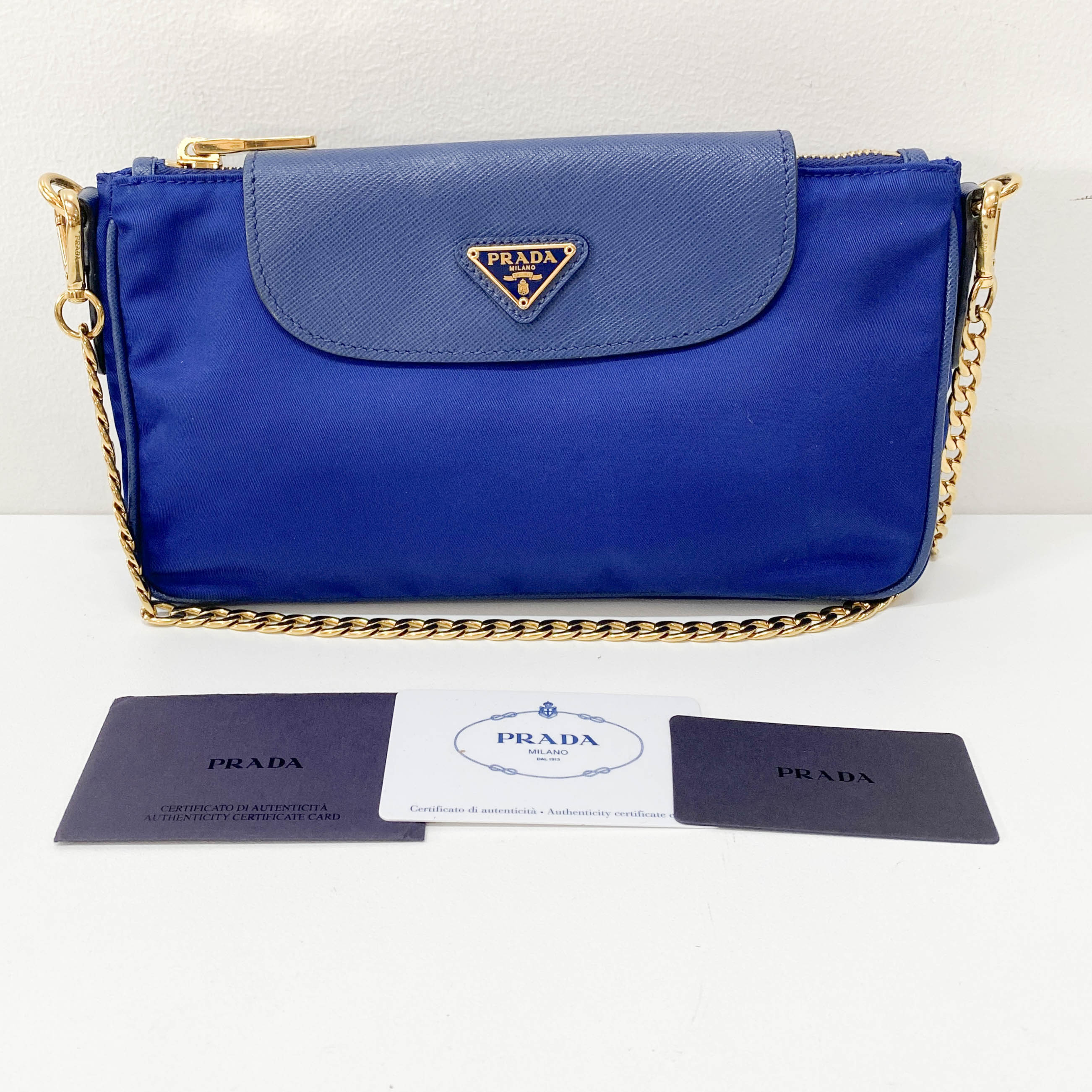 Gold Chain Blue Nylon Shoulder bag