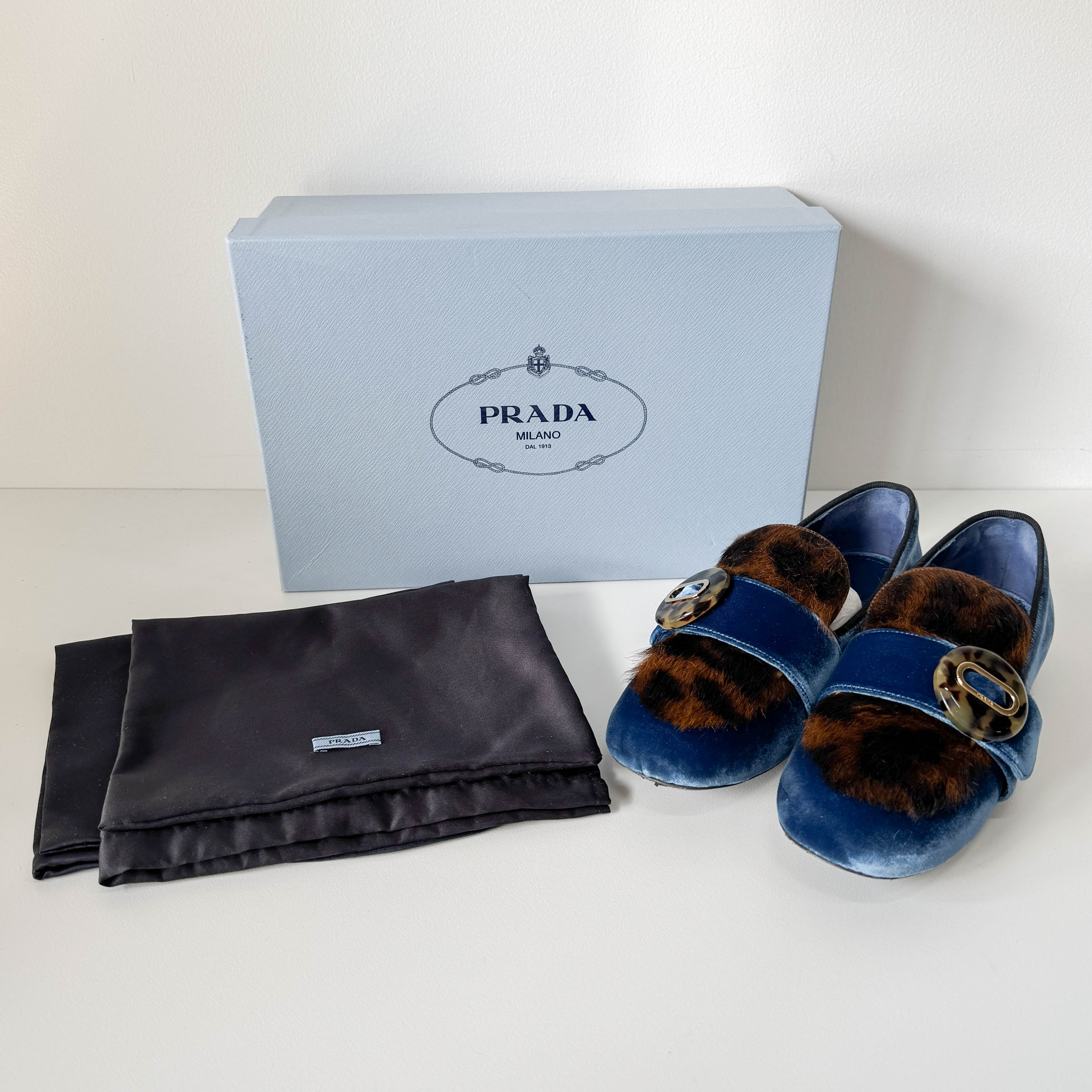 Size 36 1/2 EU Leopard Print Blue Velvet Loafers