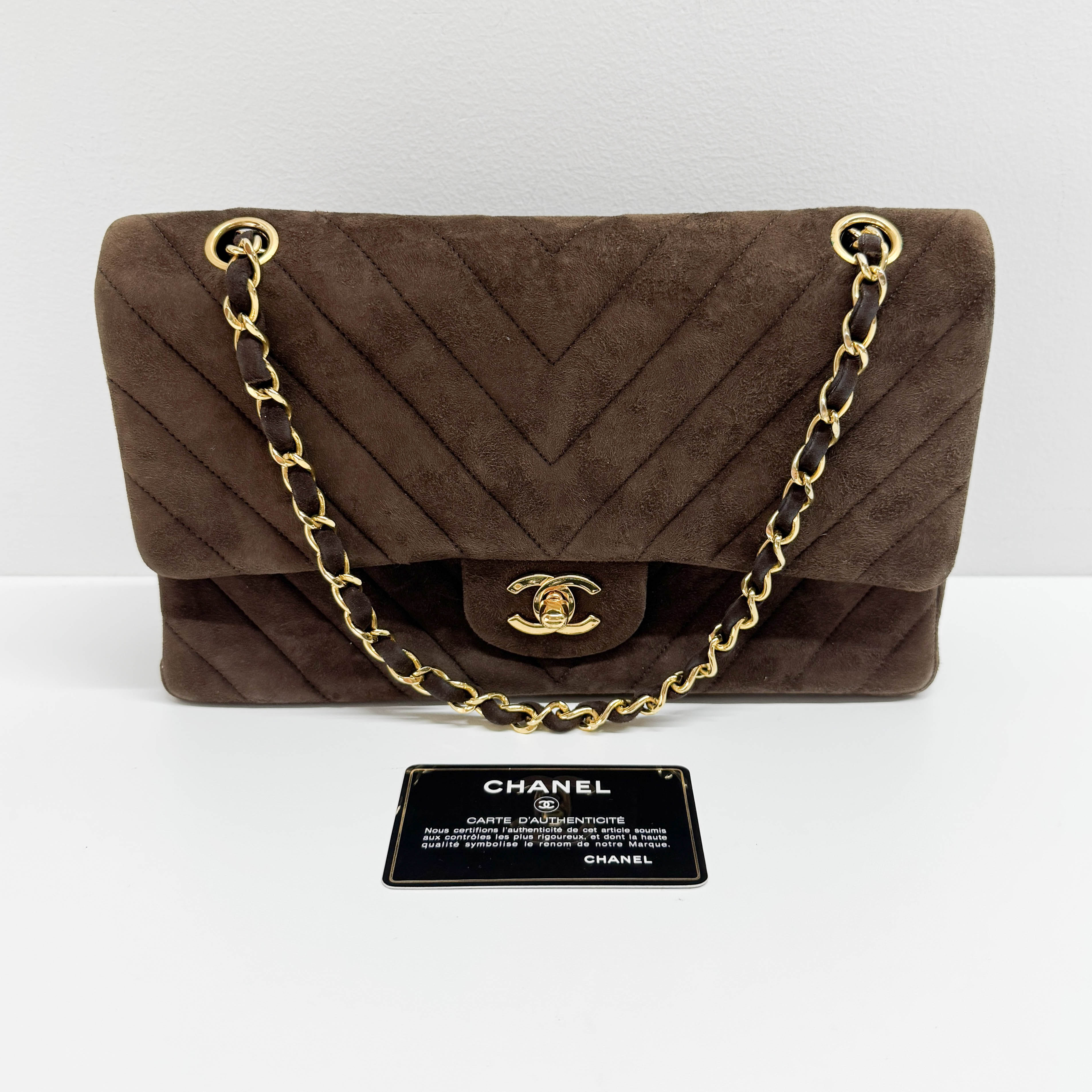 Double Flap Brown V Stitch Suede Double Chain Shoulder Bag