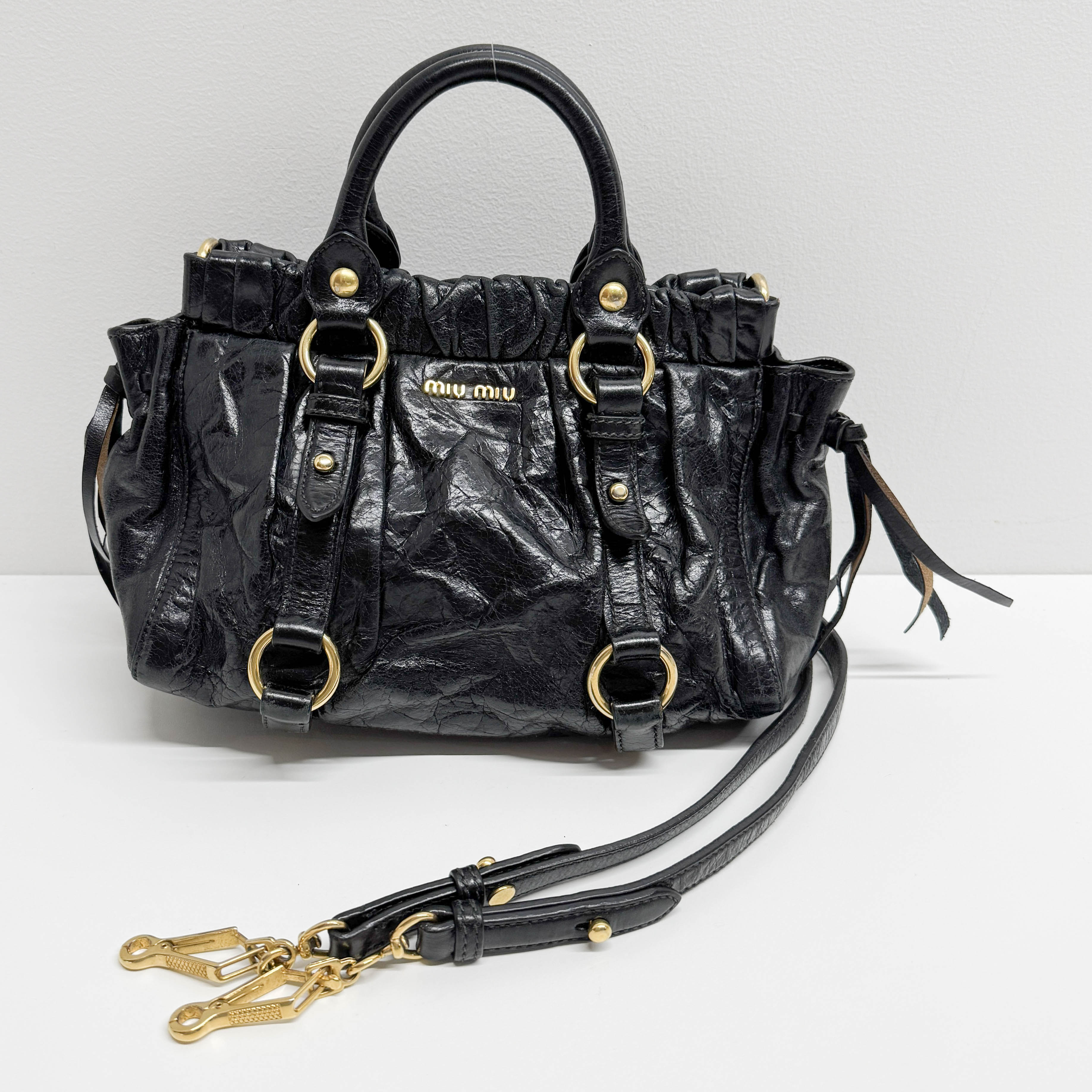 Mini Vitello Bauletto Black Leather Two Way Bag