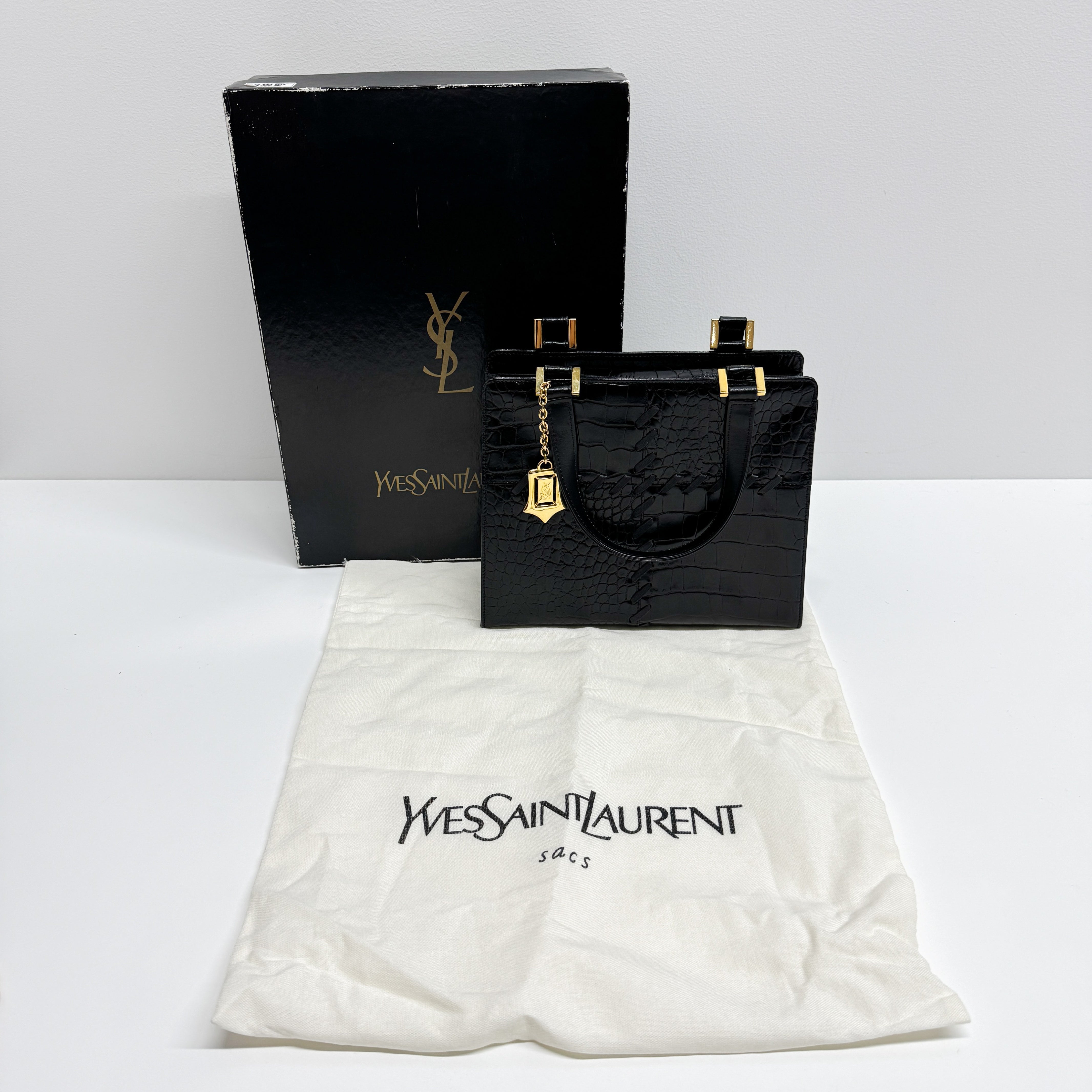 Black Croc Embossed Leather Handbag