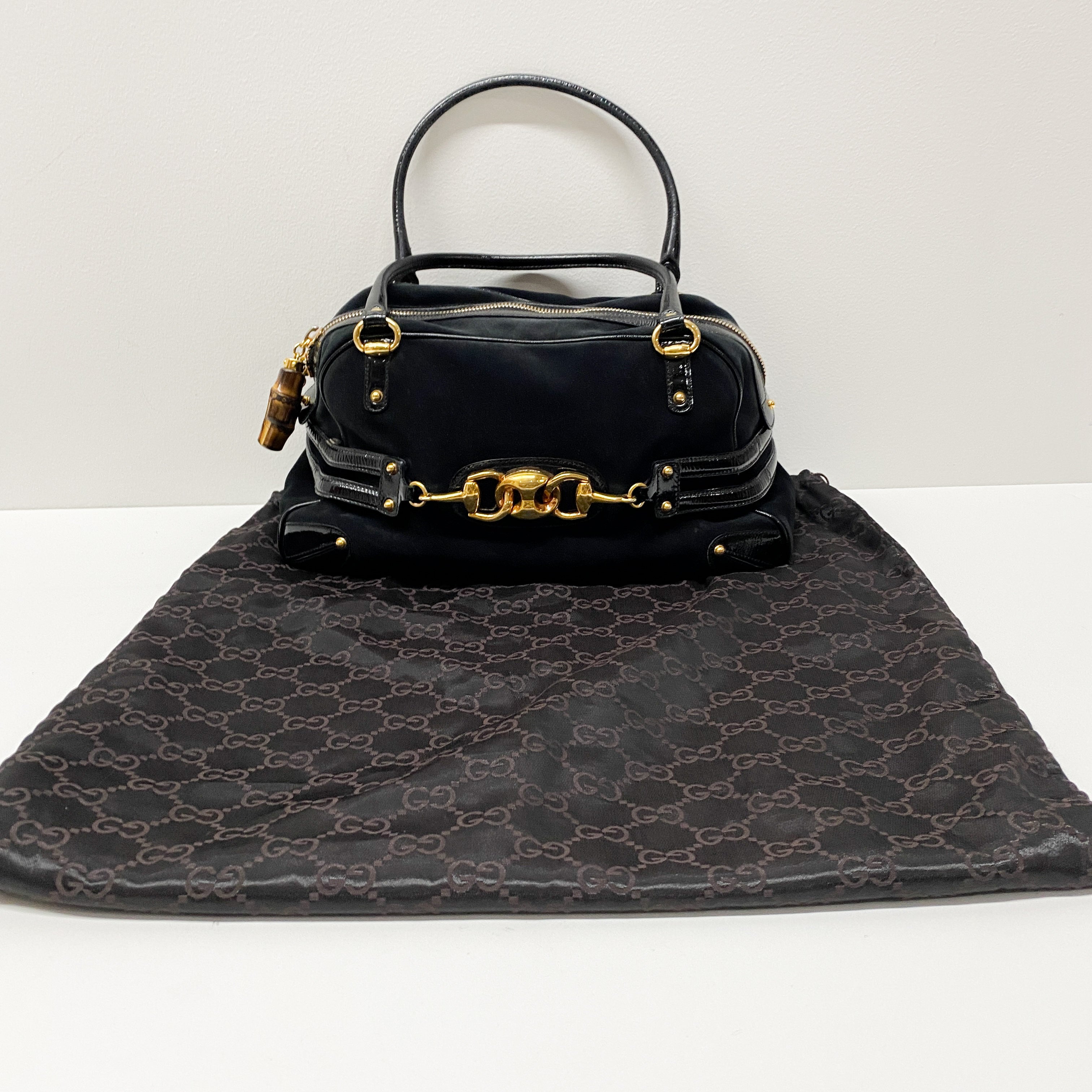 Horsebit Black Suede Boston Bag