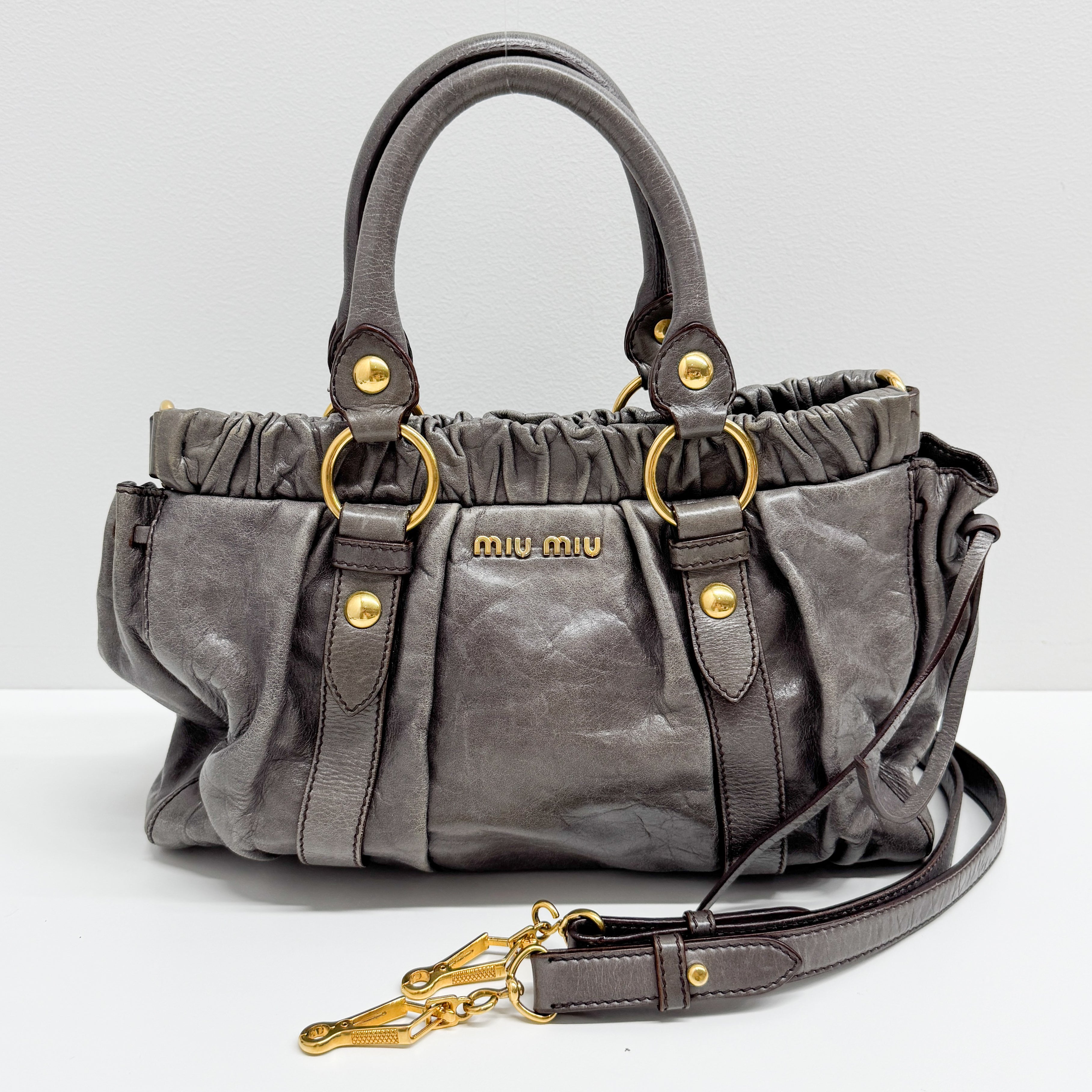 Vitello Grey Calfskin Leather Two Way Bag