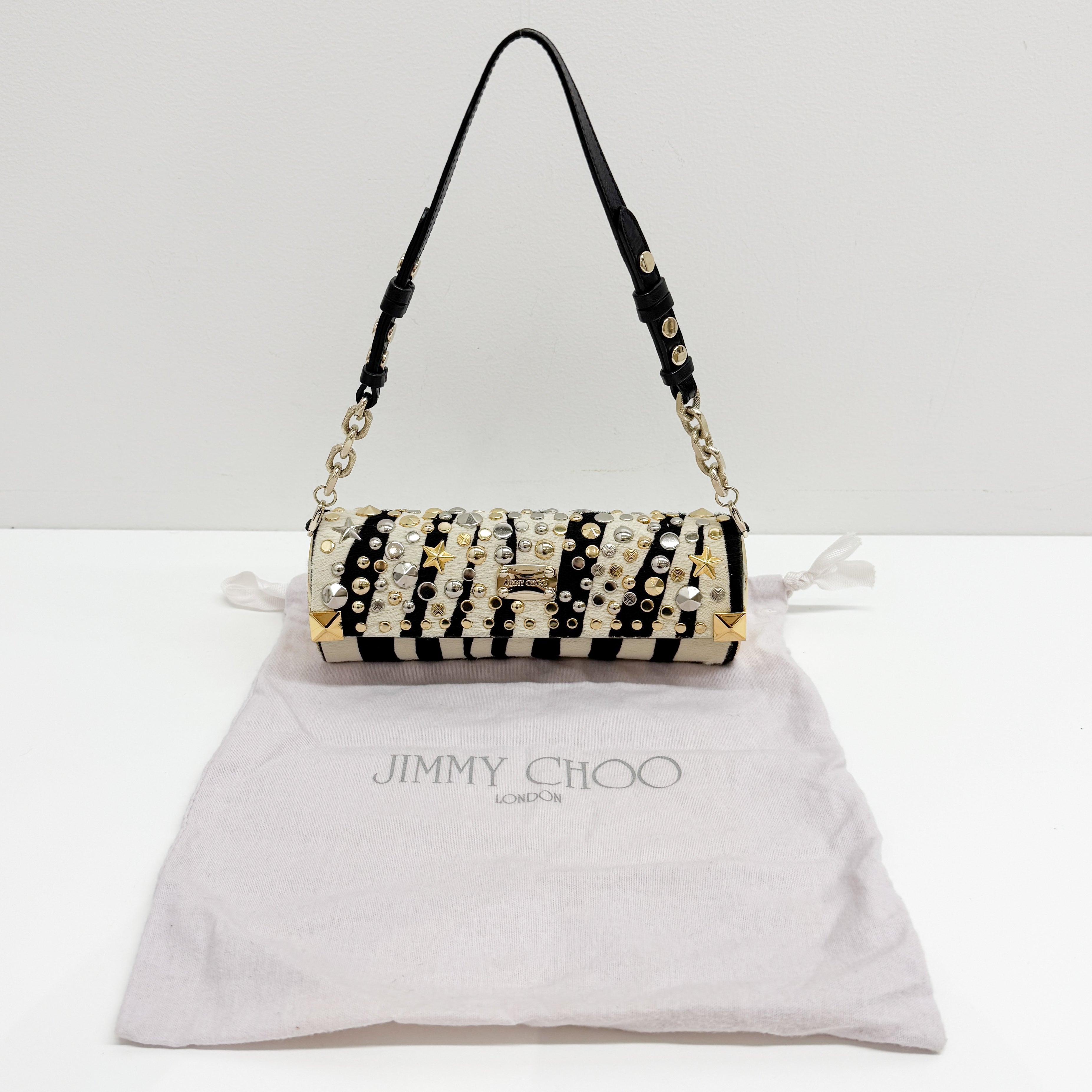 Vintage Black and White Studded Zebra Print Shoulder Bag