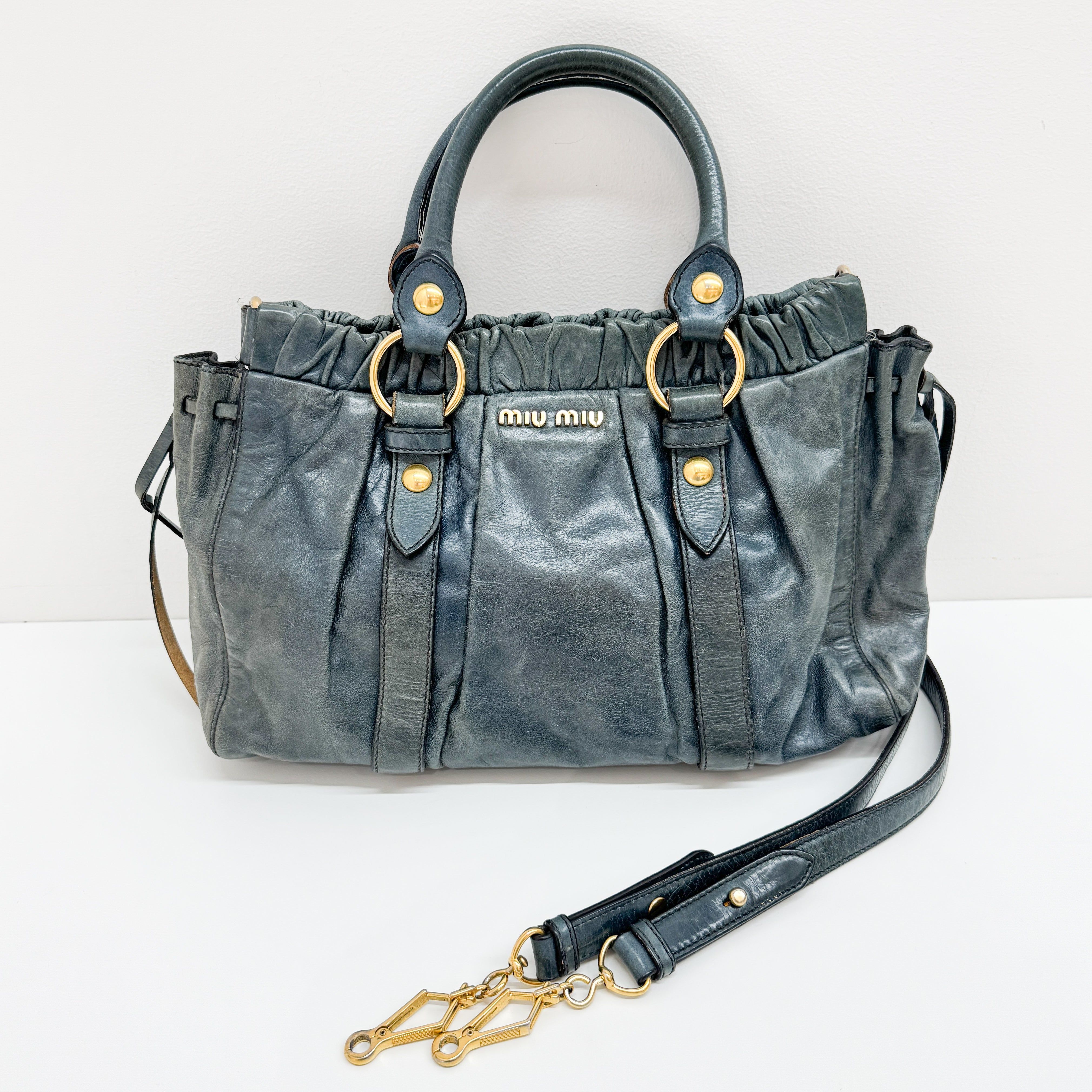 Vitello Blue Calfskin Leather Two Way Bag
