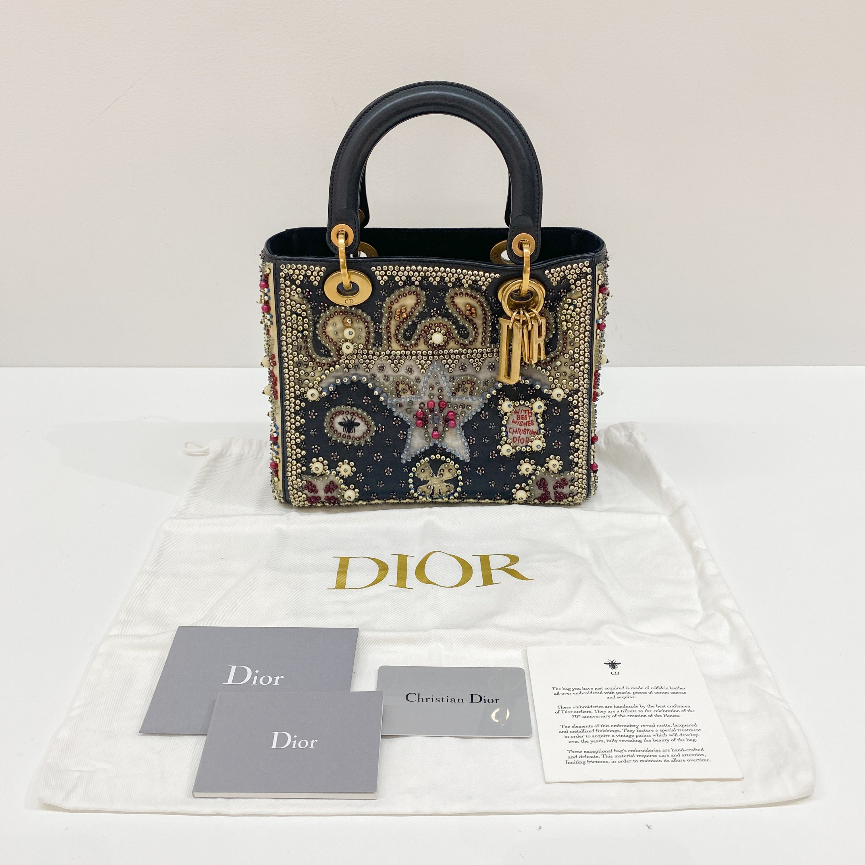 Lady Dior Black Leather Embroided Beads Bag