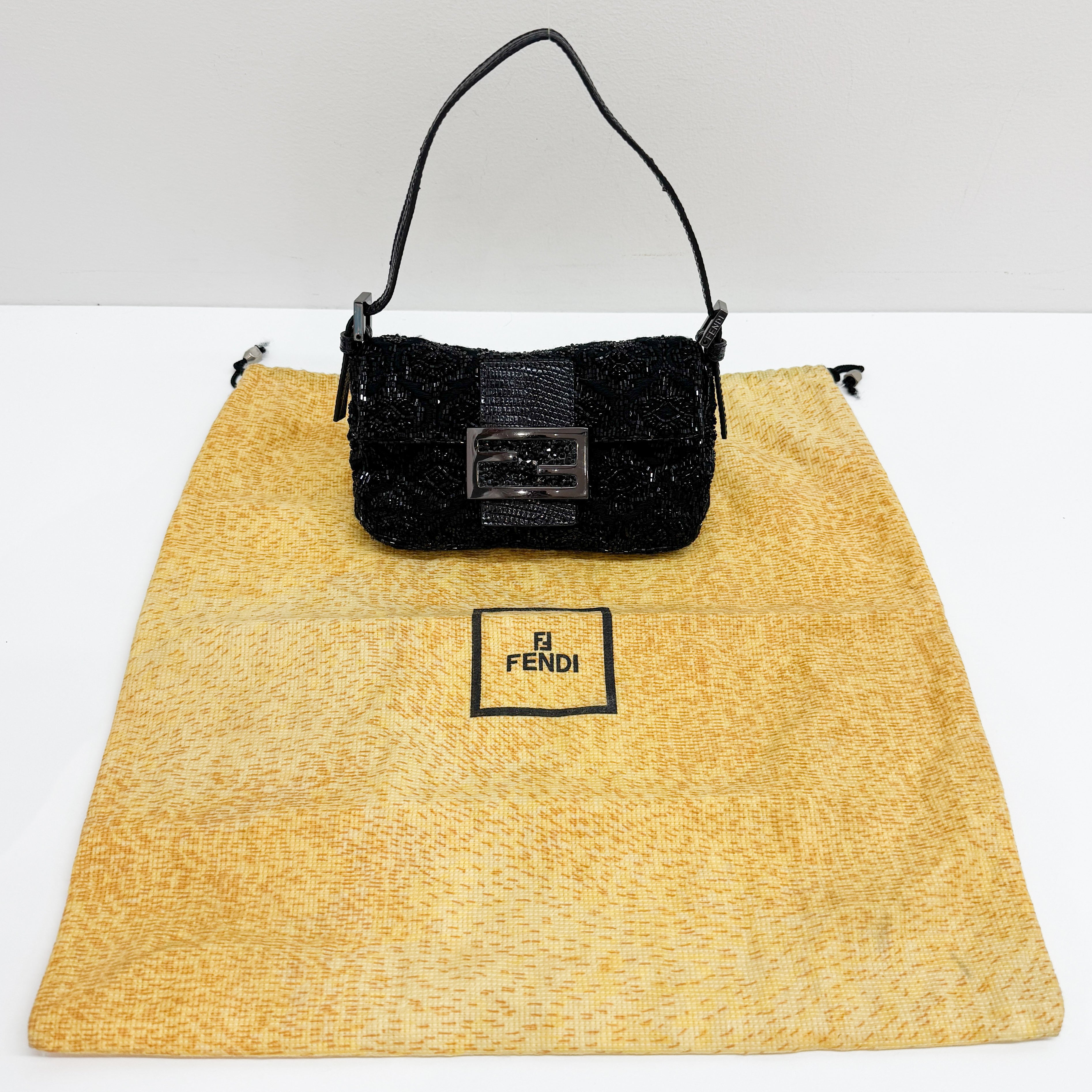 Mini Baguette Rhinestone Hardware Black Beaded Shoulder Bag