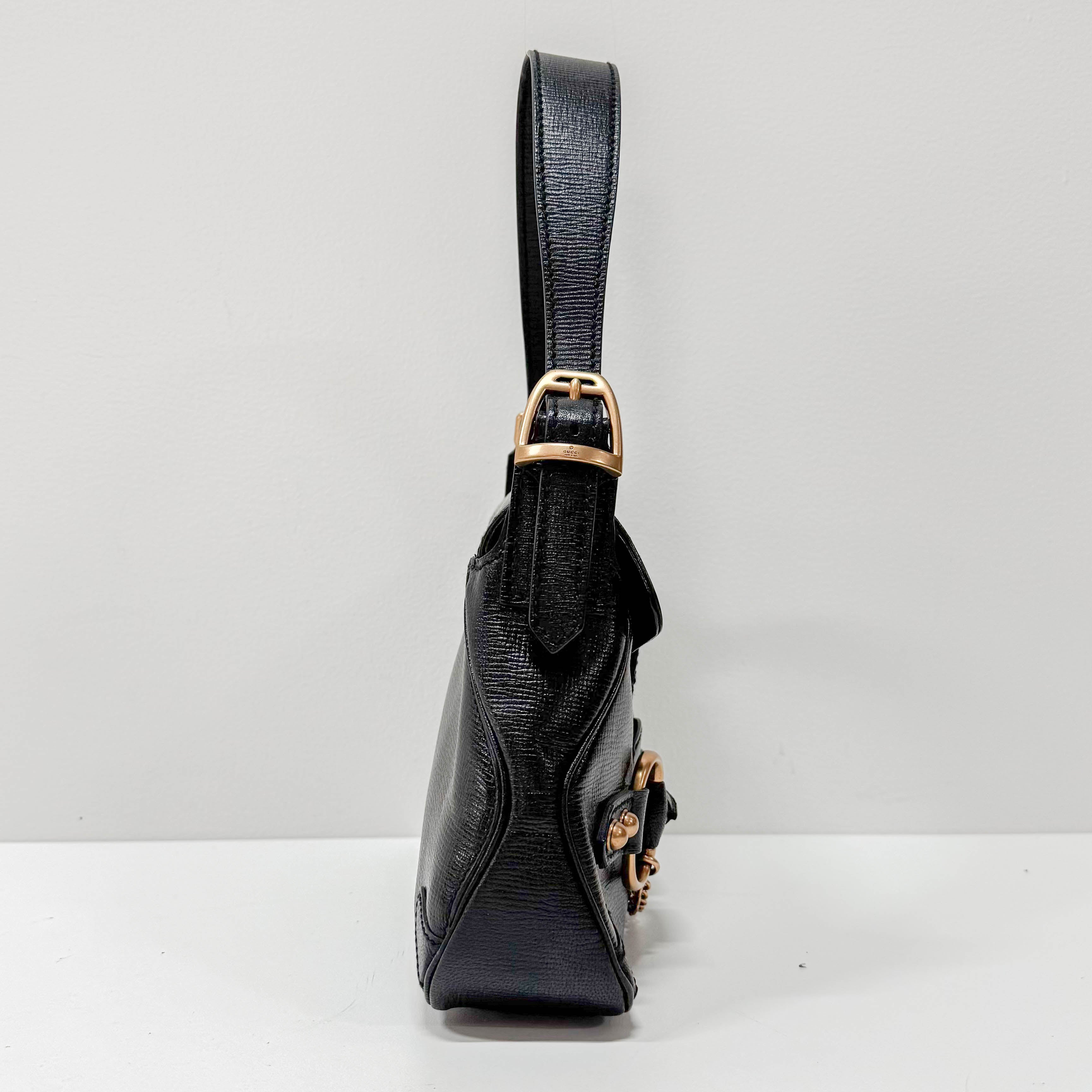 Horsebit Black Leather Shoulder Bag