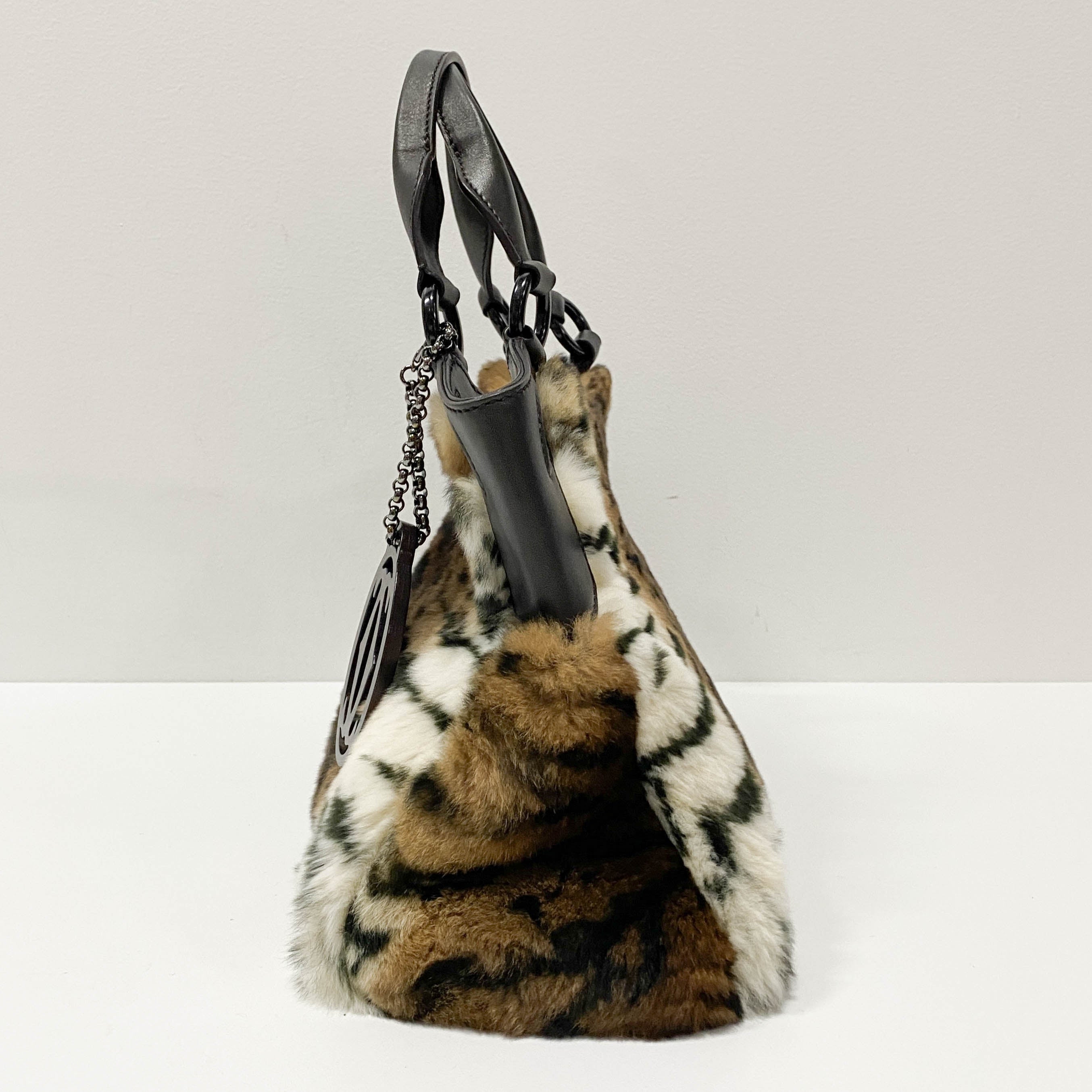 Brown/White Tiger Print Rabbit Fur Hand Bag