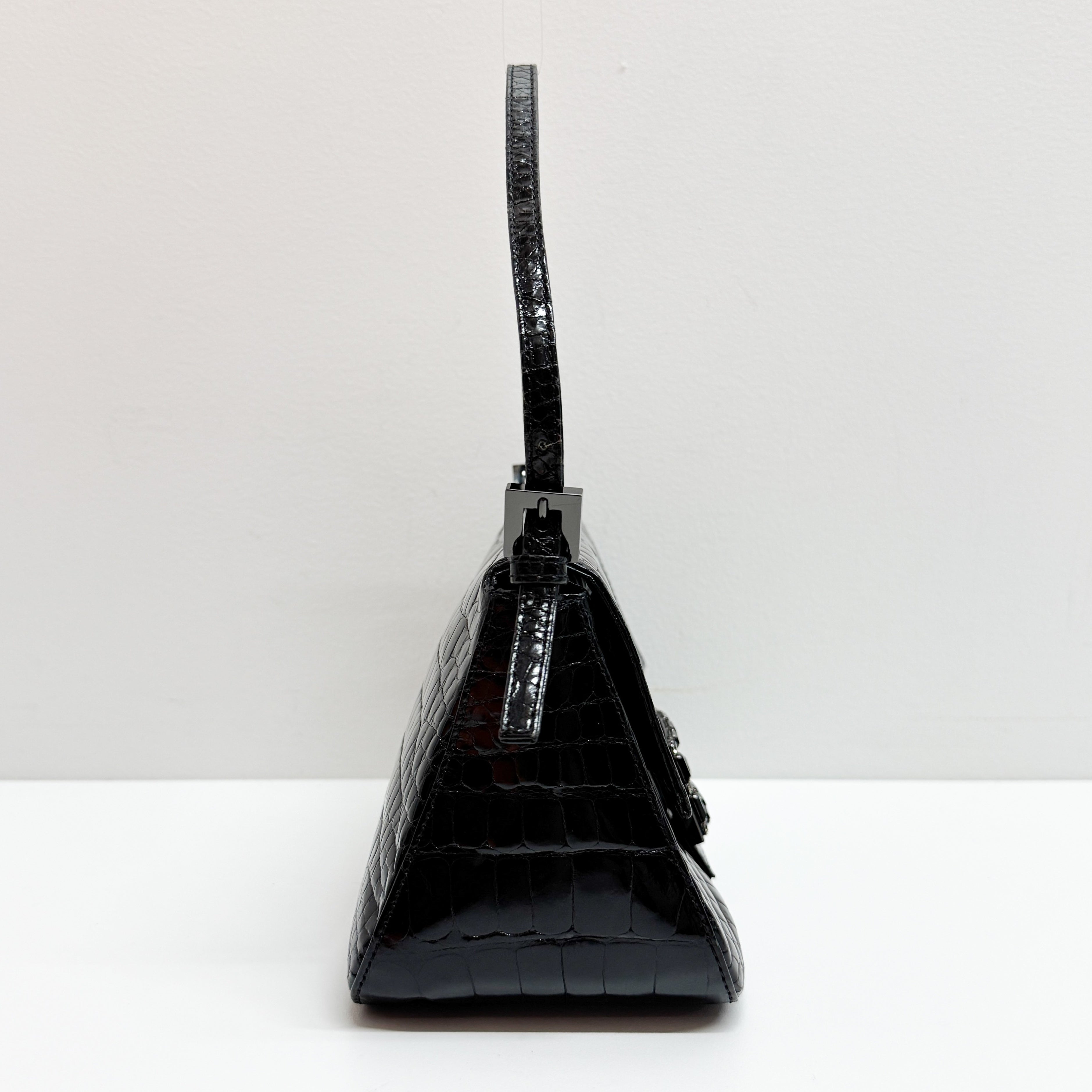 Mini Mamma Baguette Black Crocodile Embossed Shoulder Bag