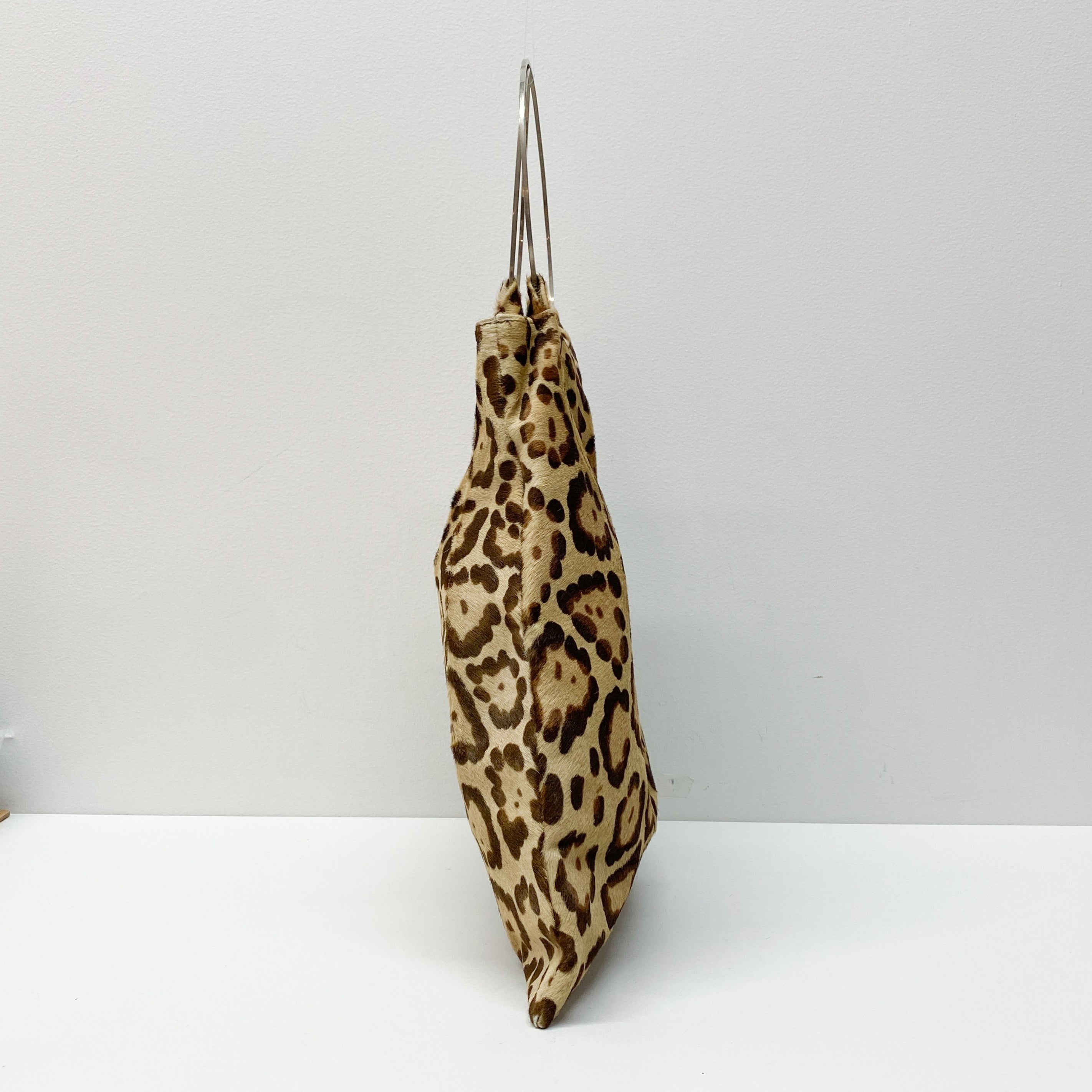 Brown Leopard Print Pony Hair Ring Handle Tote Bag