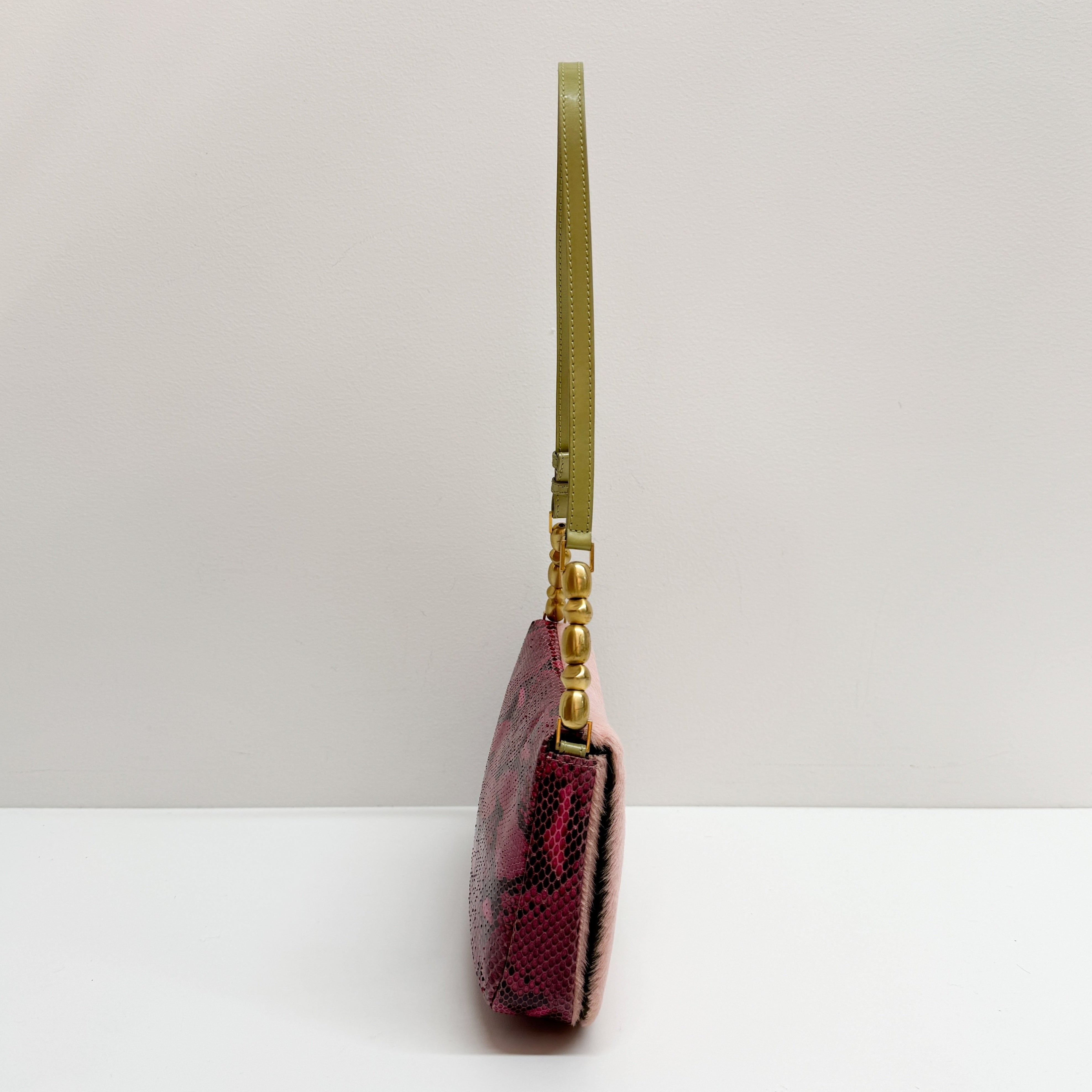 Malice Pearl Chain Pink Pony Hair Snake Skin Print Shoulder Bag