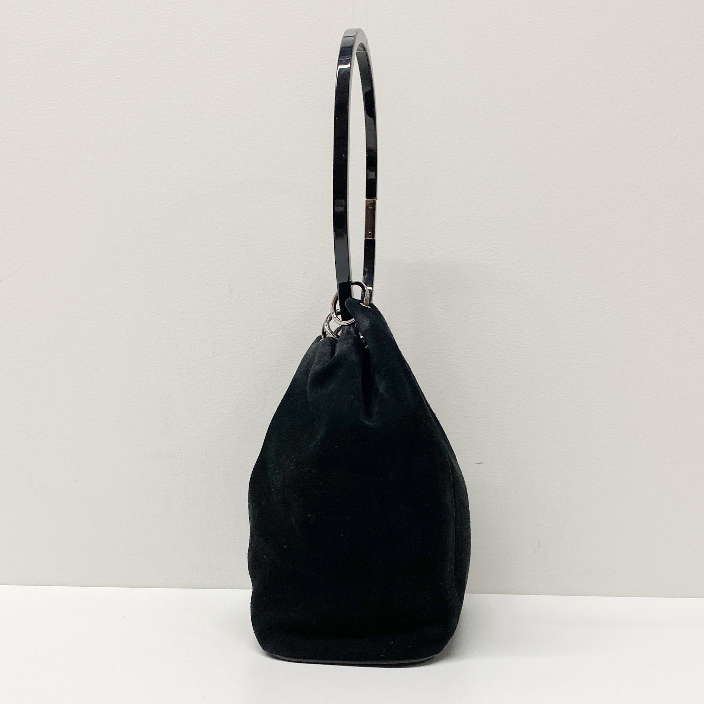 Metal Handle Black Suede Shoulder Bag