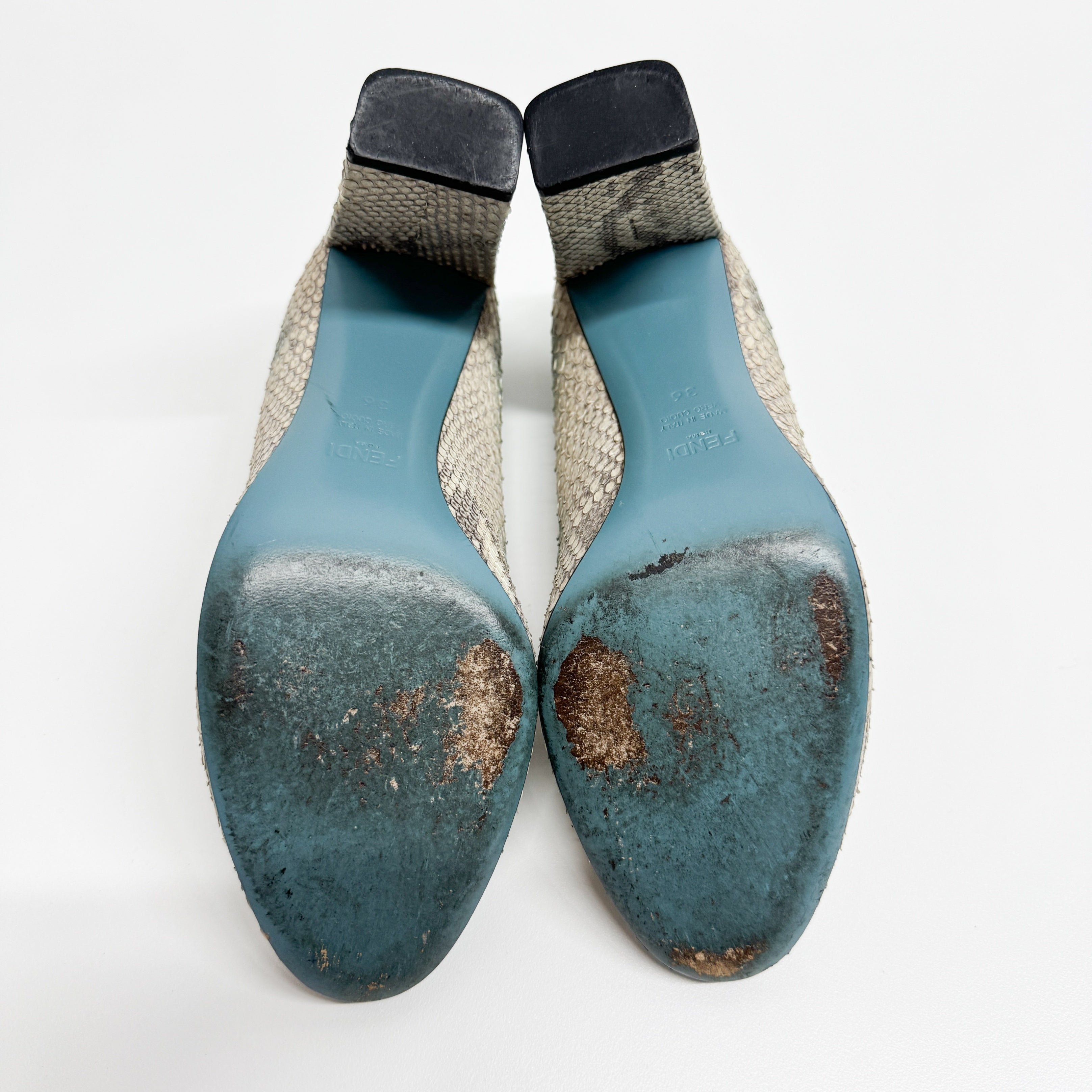 Size 36  Blue & White Python Embossed Leather Heels