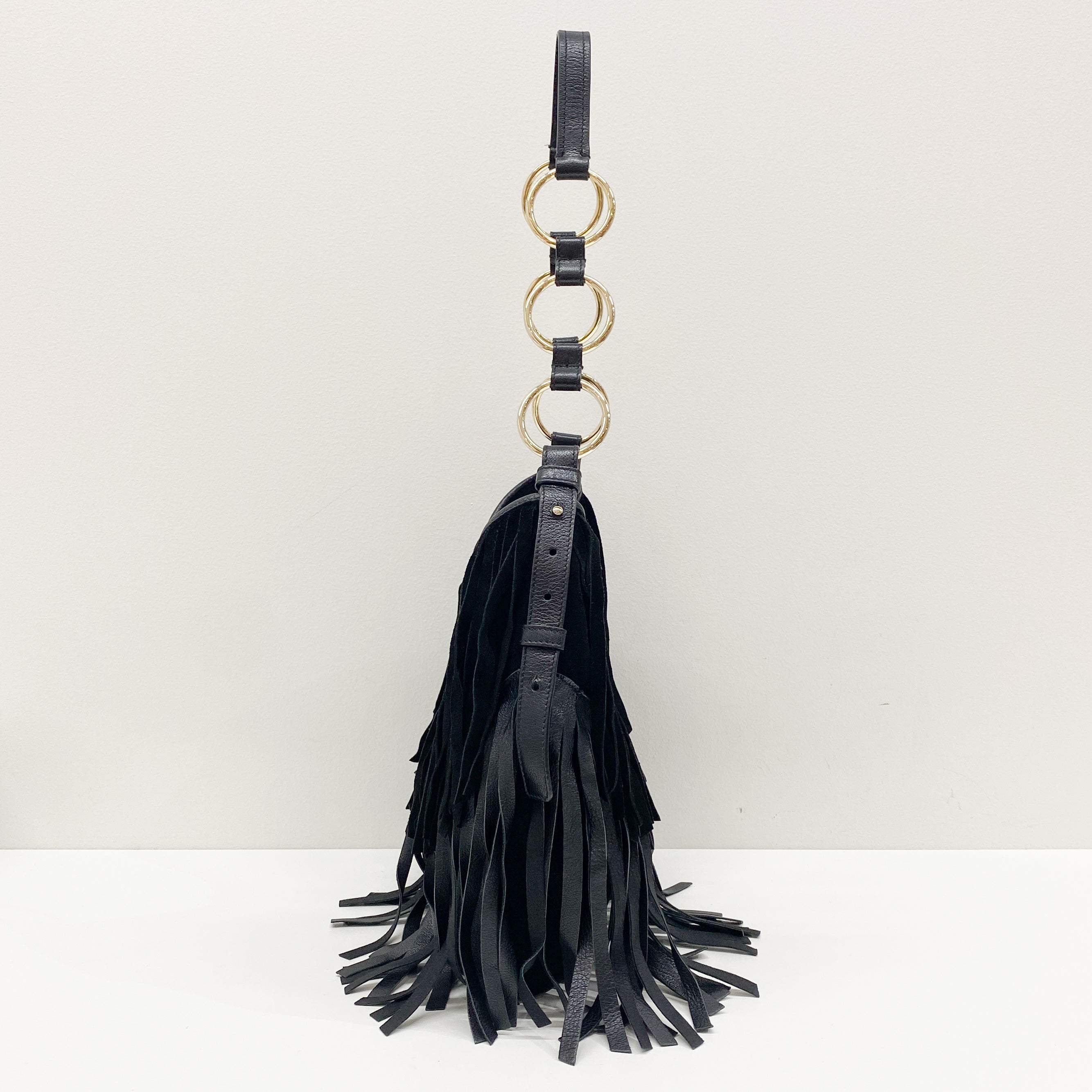 Fringe Black Suede Hobo Bag