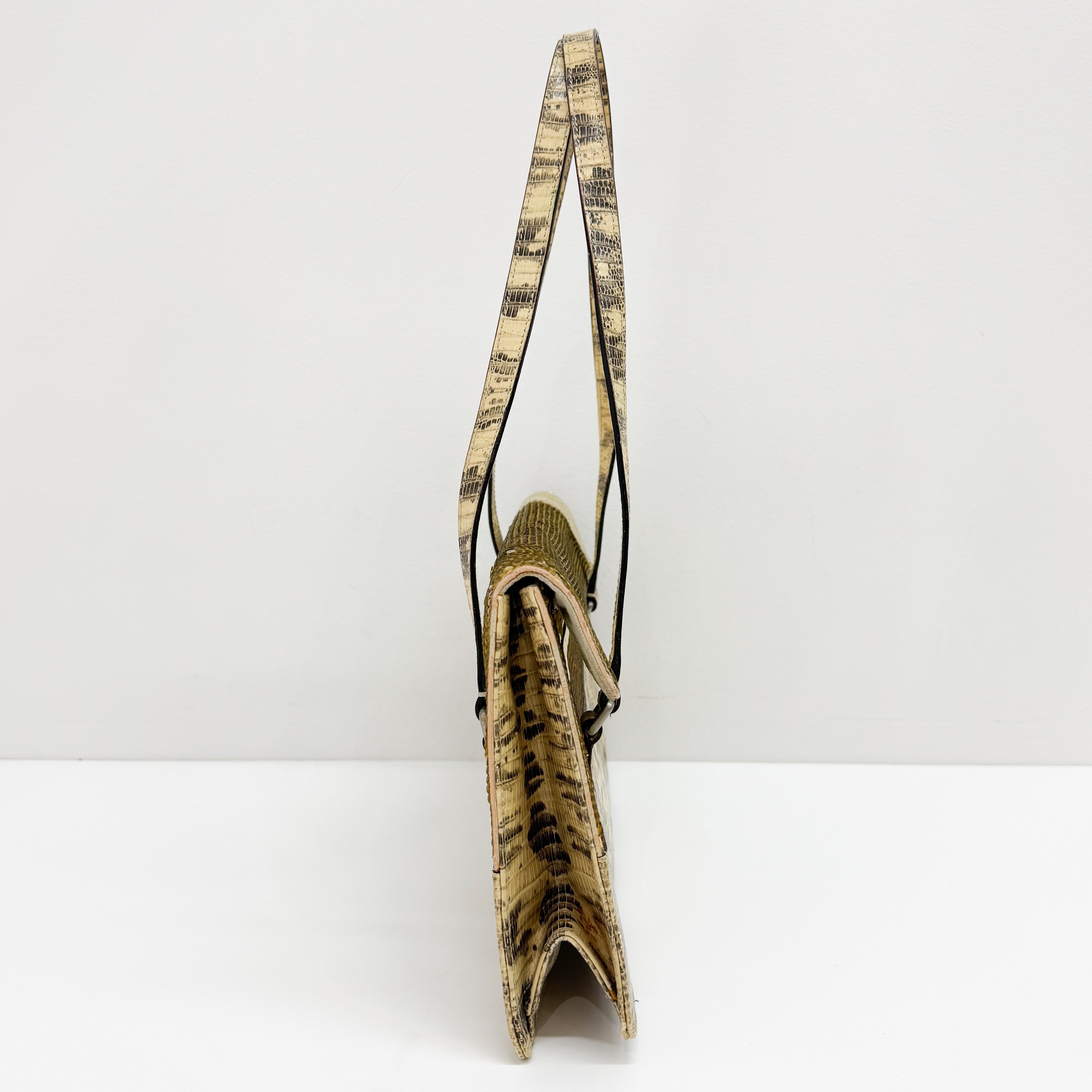 Gold Sequin Yellow Python Embossed Leather Shoulder Bag