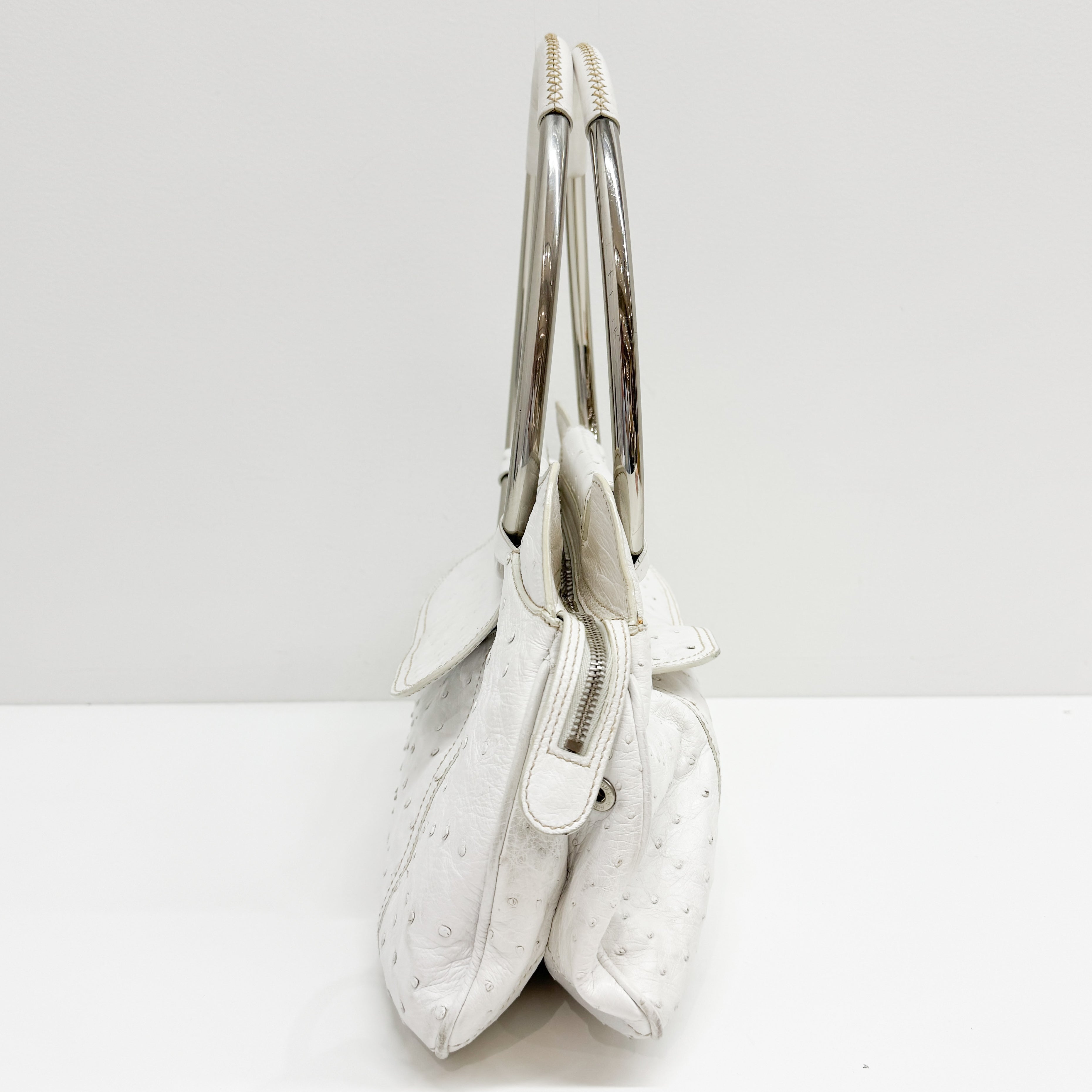 White Ostrich Embossed Leather Shoulder Bag