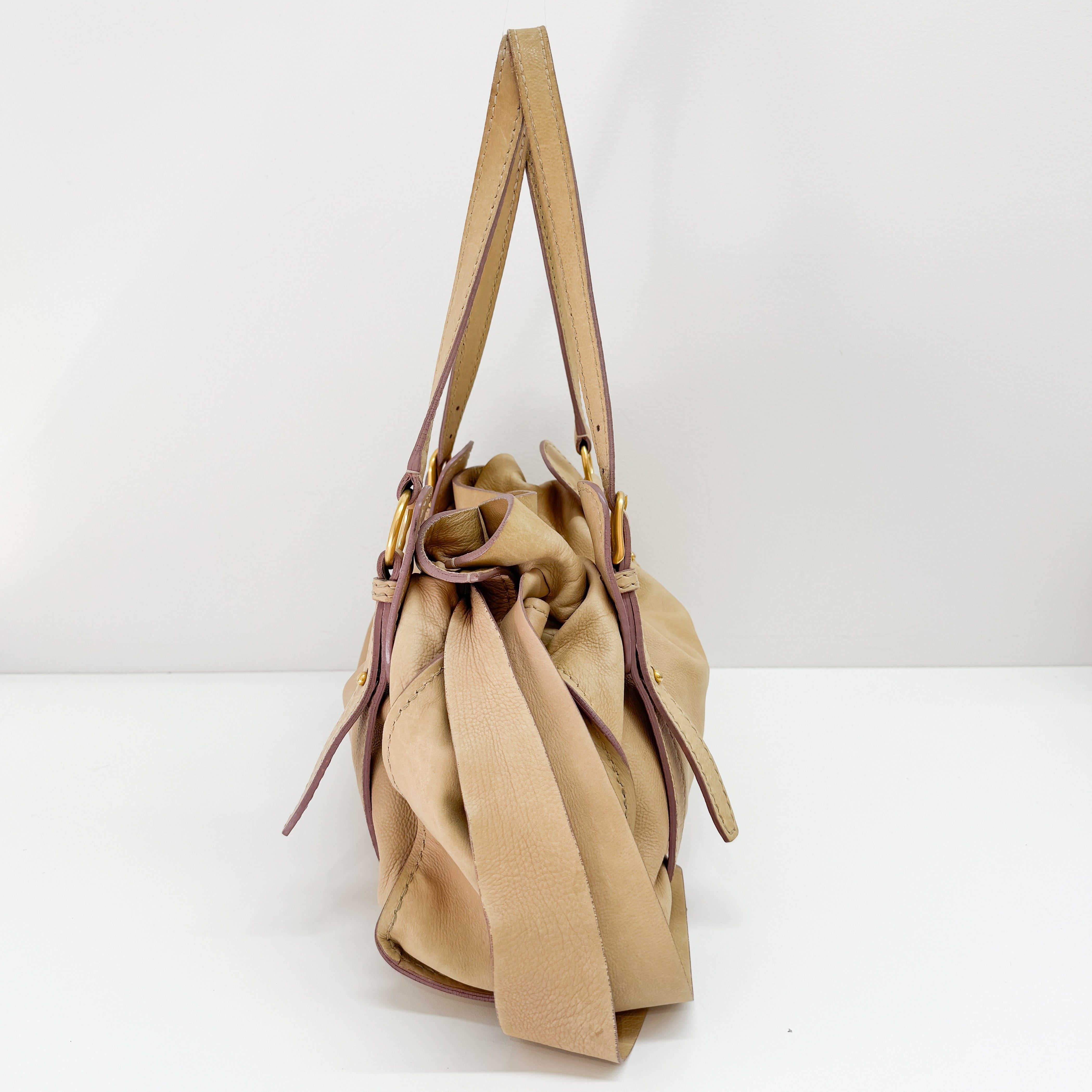 Vitello Lux Bow Bag Beige Calfskin Leather Shoulder Bag