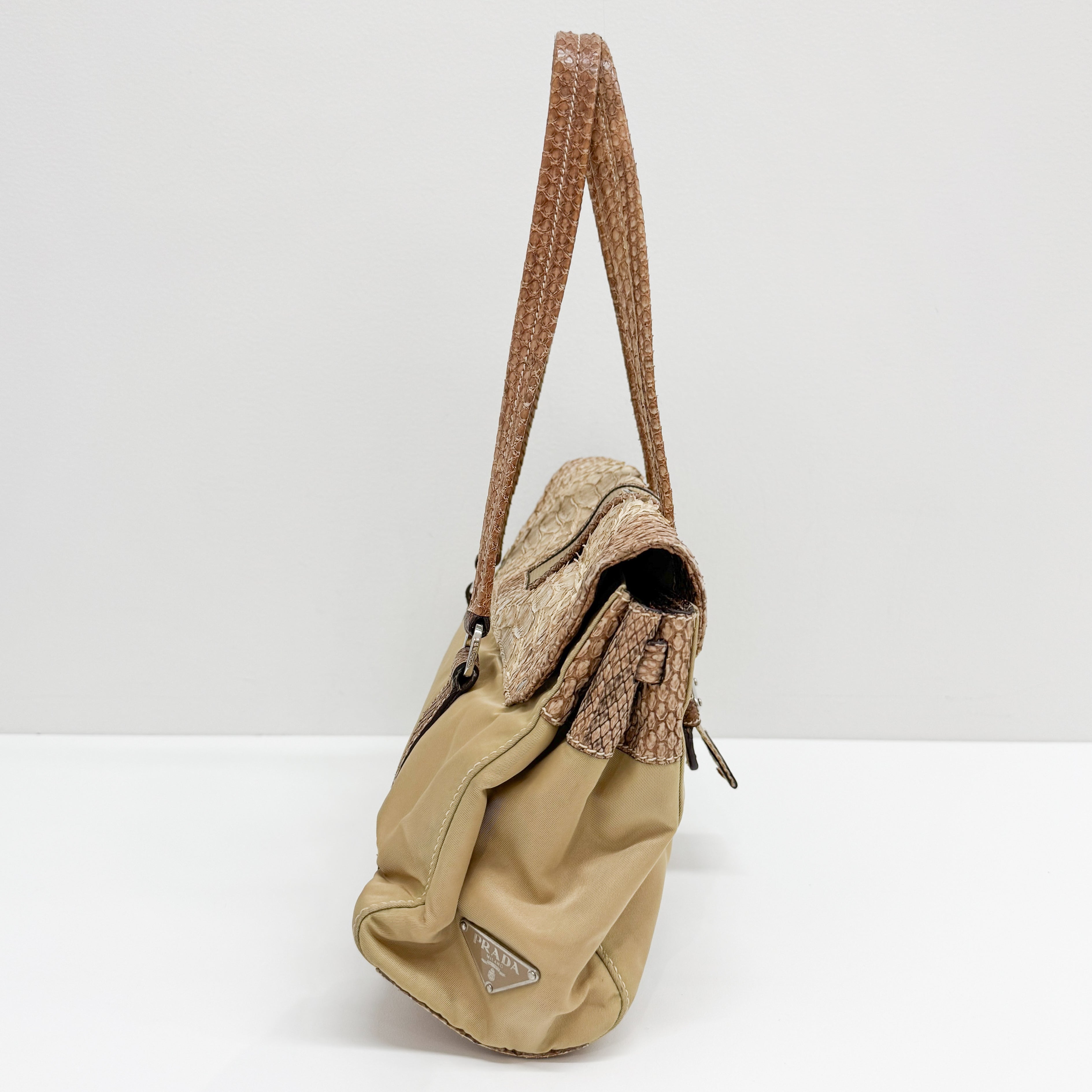 Python Embossed Beige Nylon Shoulder Bag