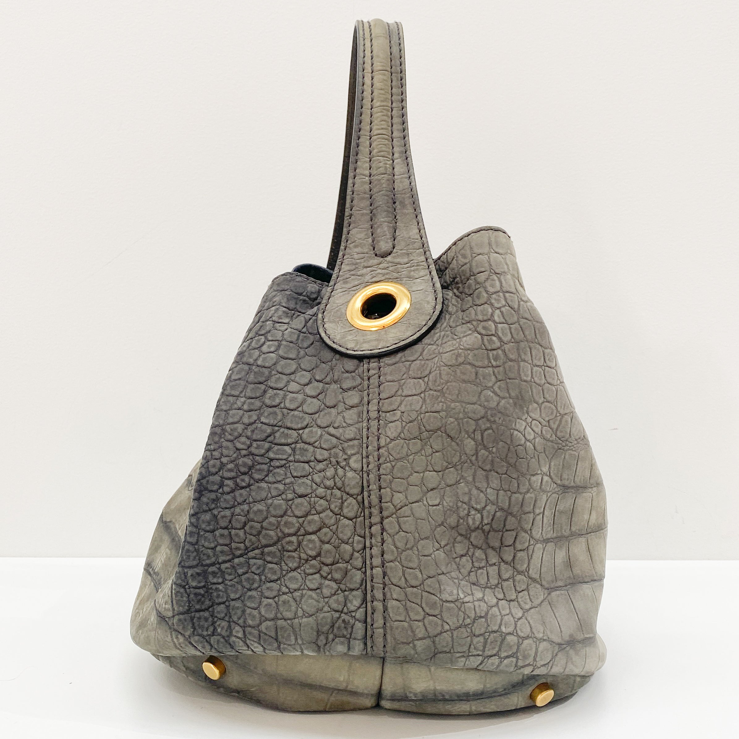 Grey Crocodile Embossed Nubuck Leather Hobo Bag