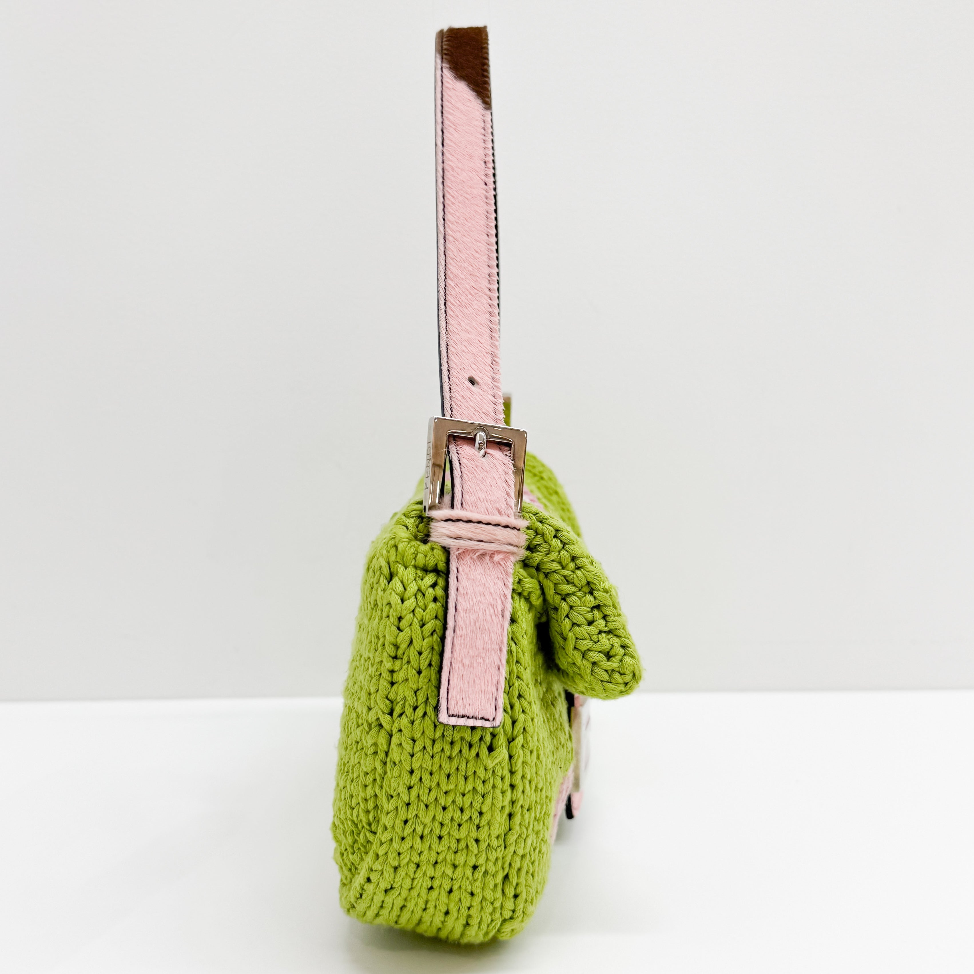 Baguette Green and Pink Crochet and Pony Hair Shoulder Bag