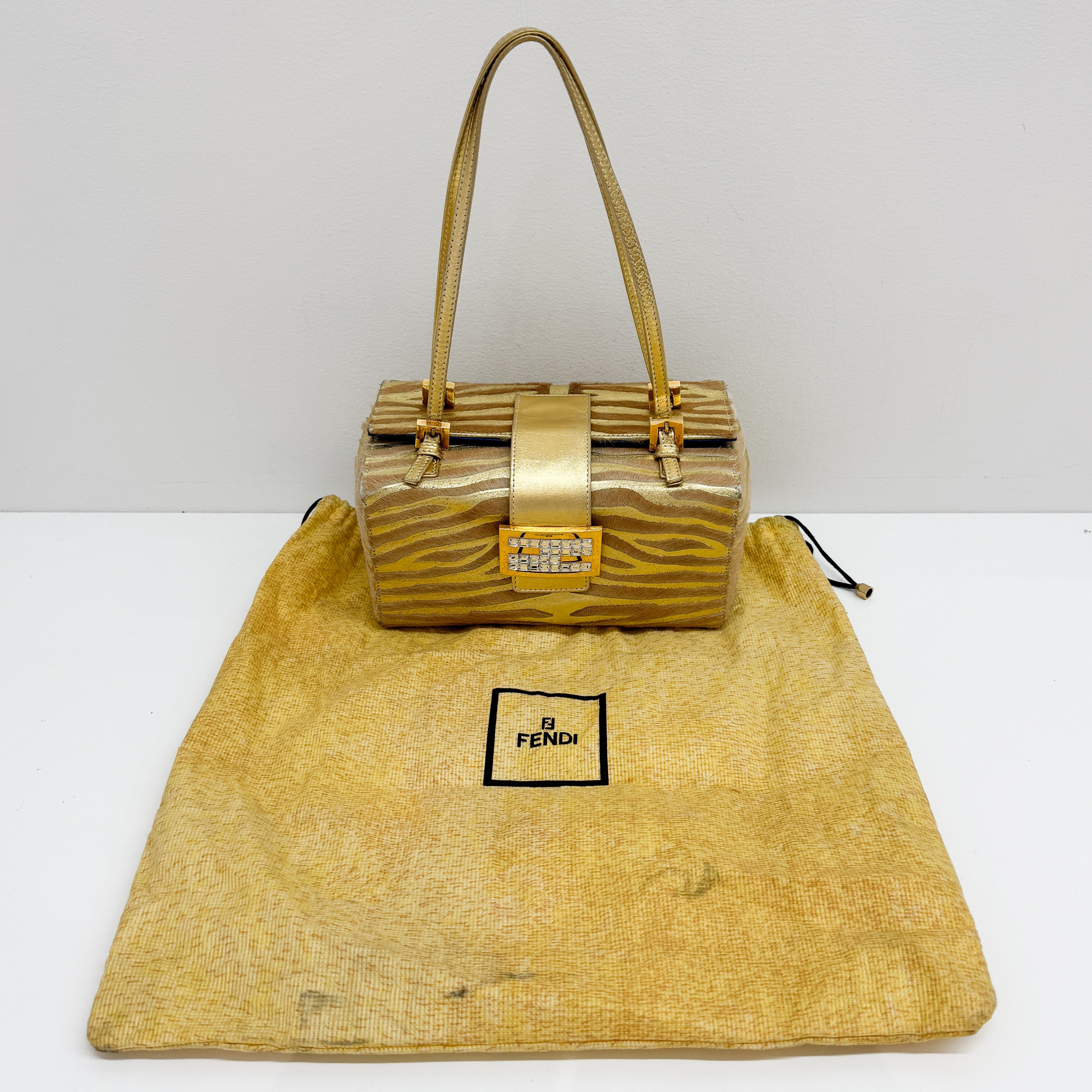 Mamma Baguette Gold Zebra Striped Pink Pony Hair Box Bag