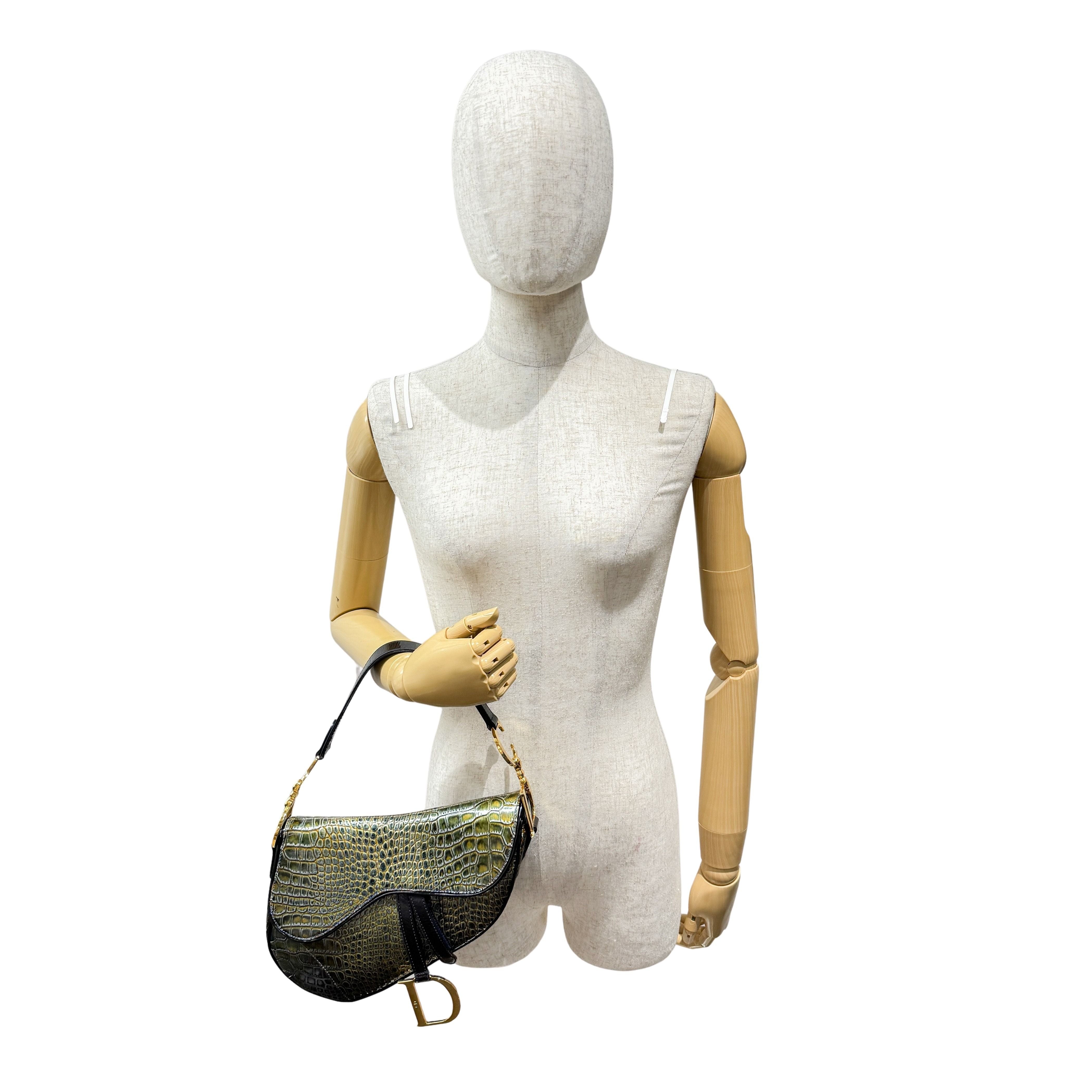 Saddle Olive-Brown Crocodile Embossed Leather Shoulder Bag