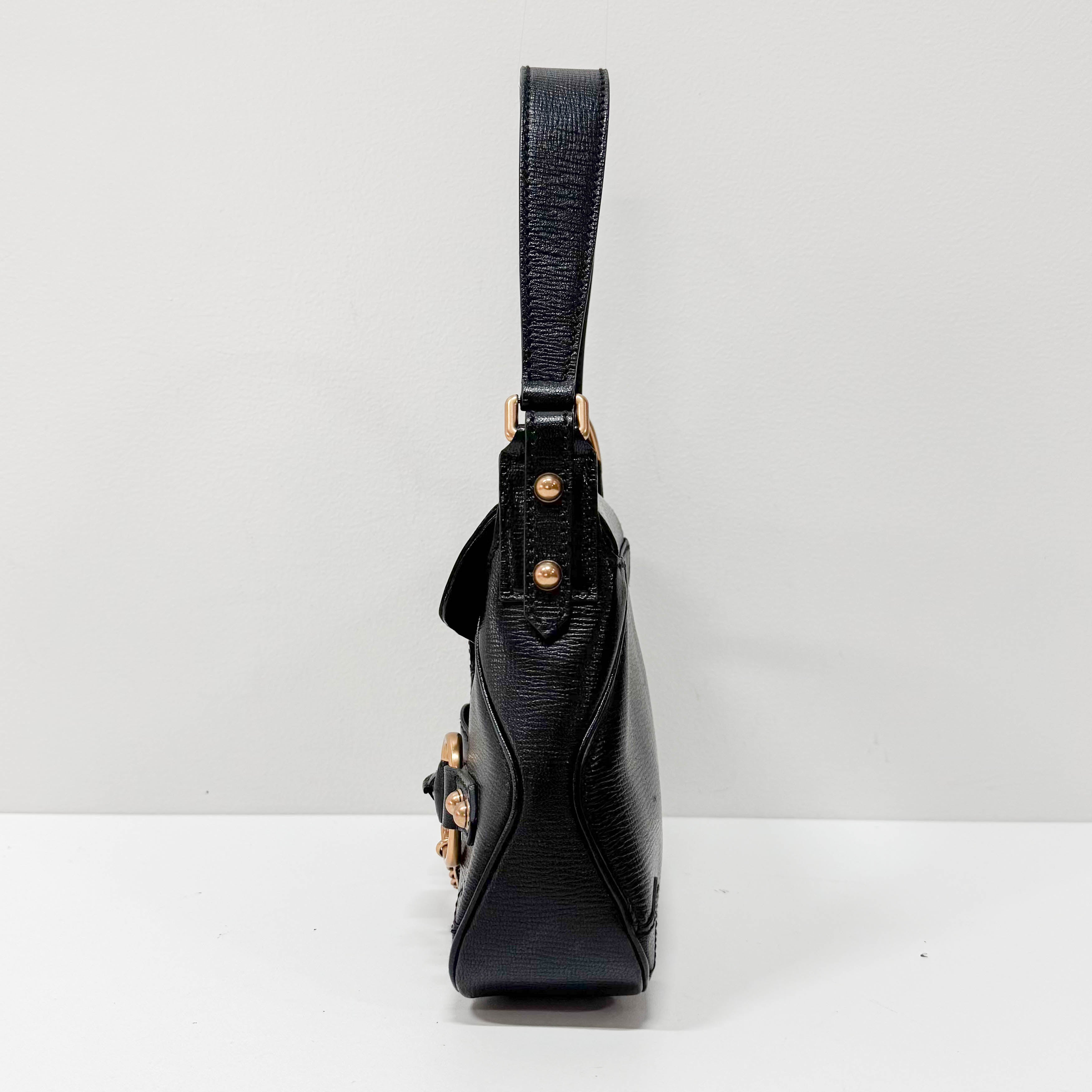 Horsebit Black Leather Shoulder Bag