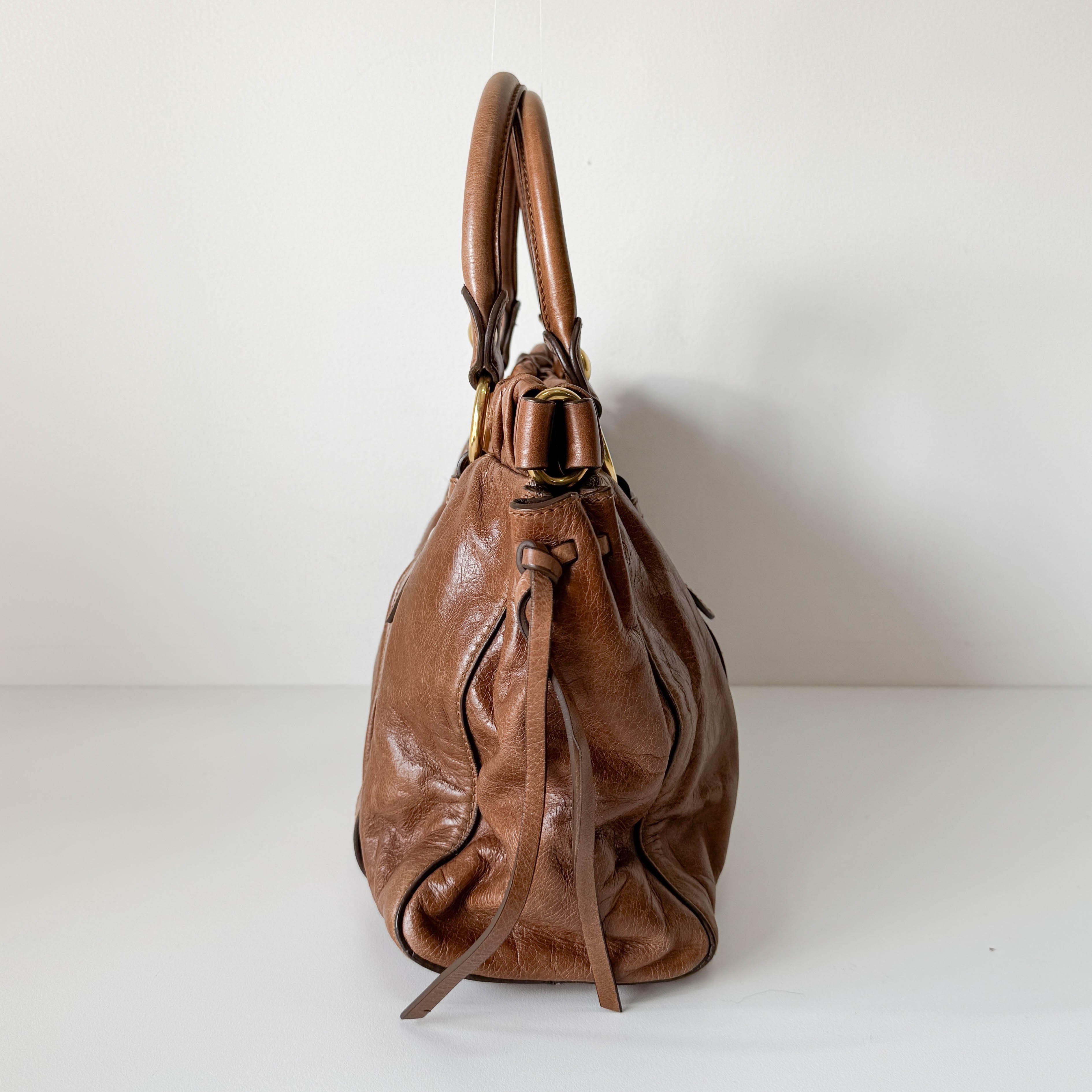 Vitello Bauletto Brown Calfskin Leather Two Way Bag