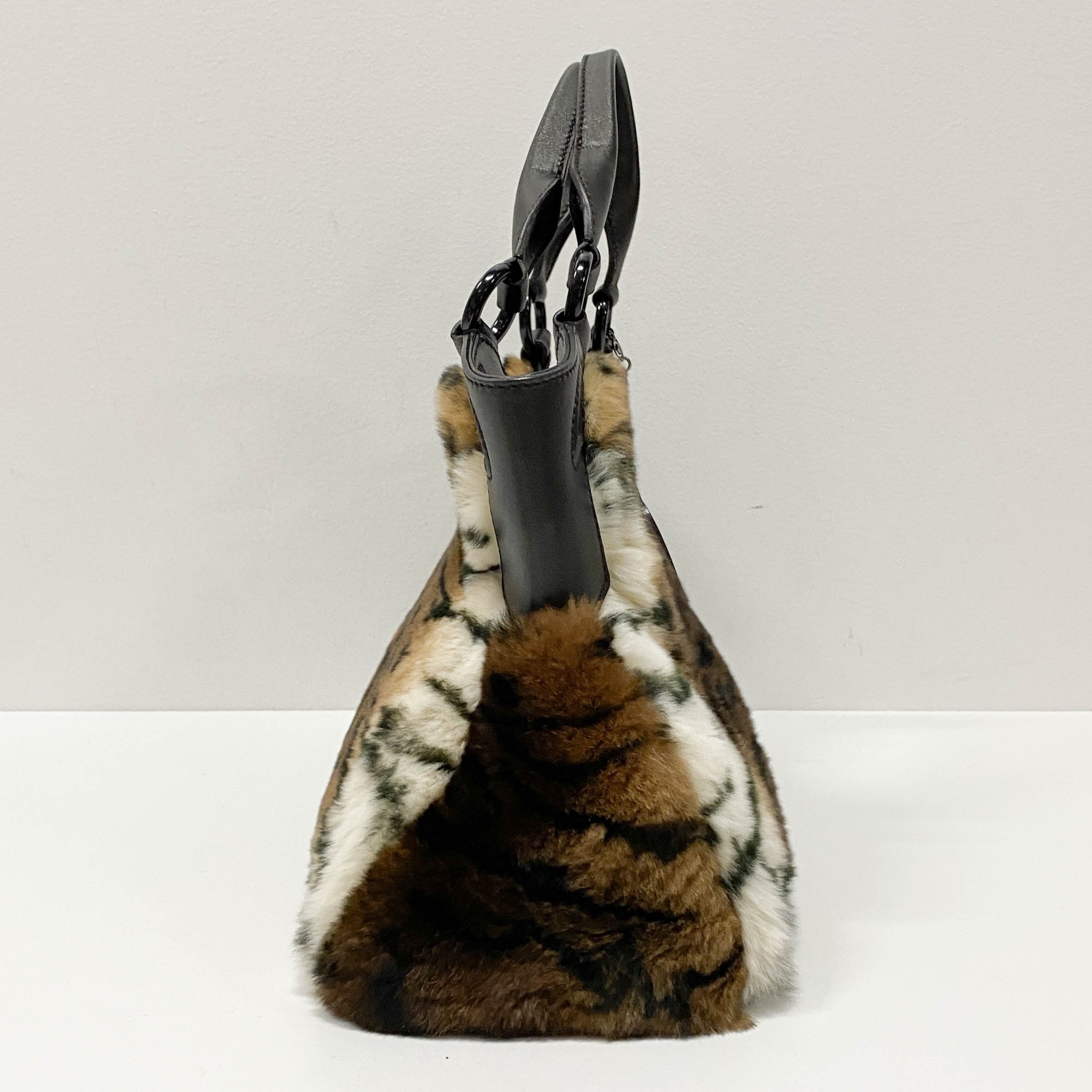 Brown/White Tiger Print Rabbit Fur Hand Bag