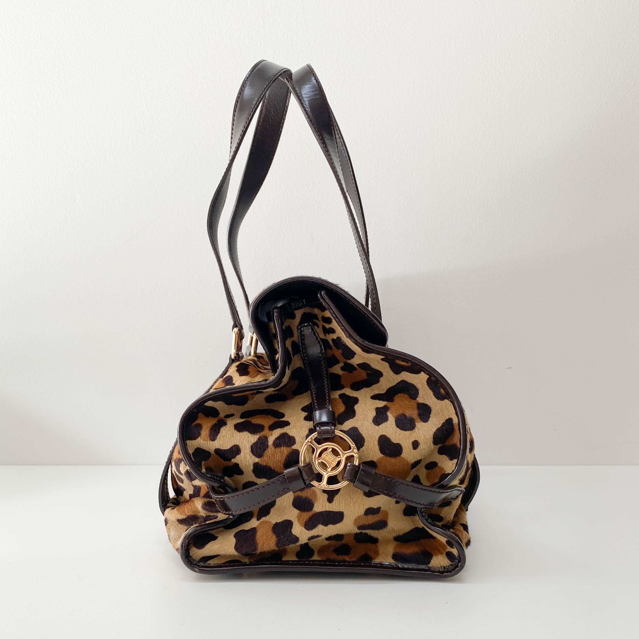 Leopard Print Brown Pony Hair Shoulder Bag