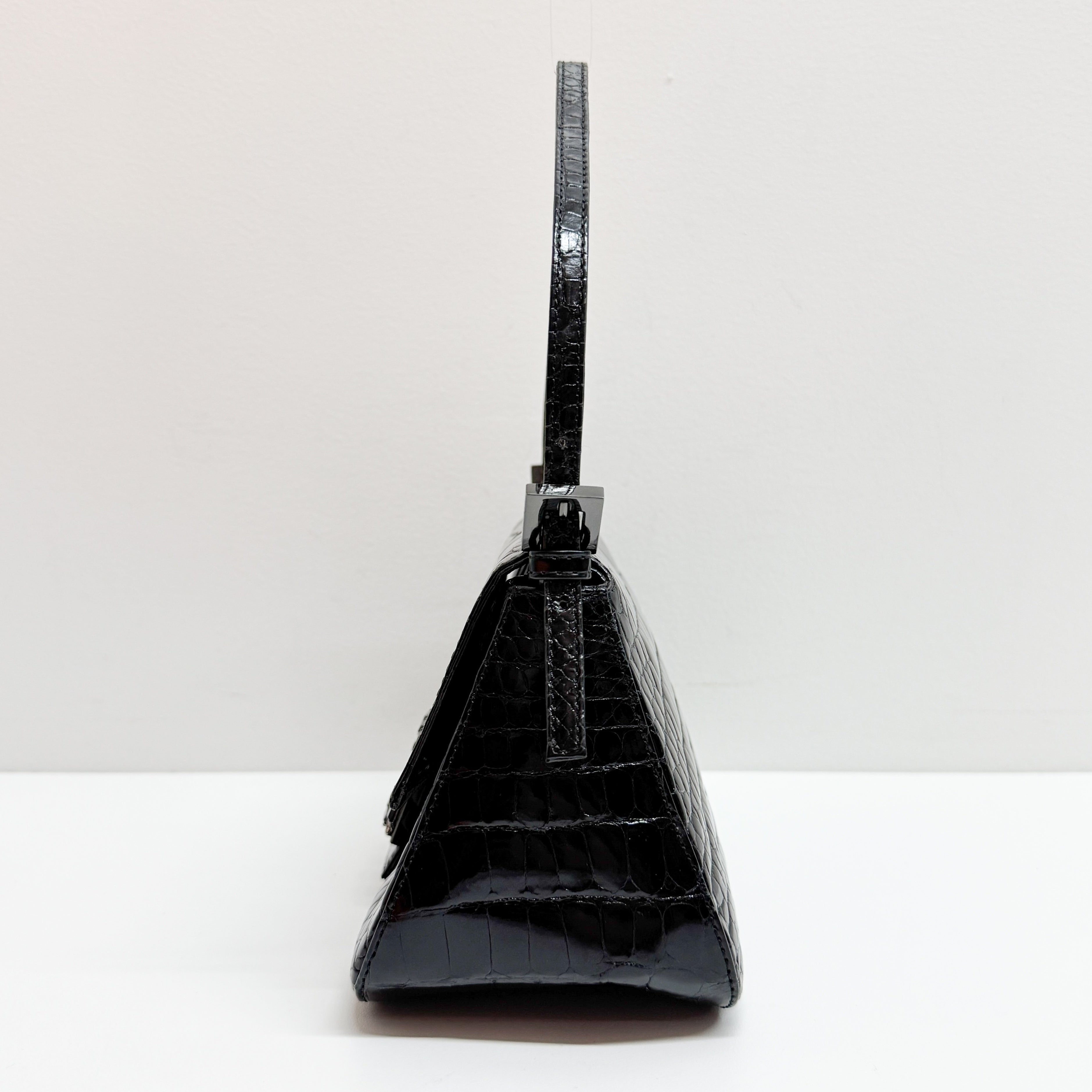 Mini Mamma Baguette Black Crocodile Embossed Shoulder Bag