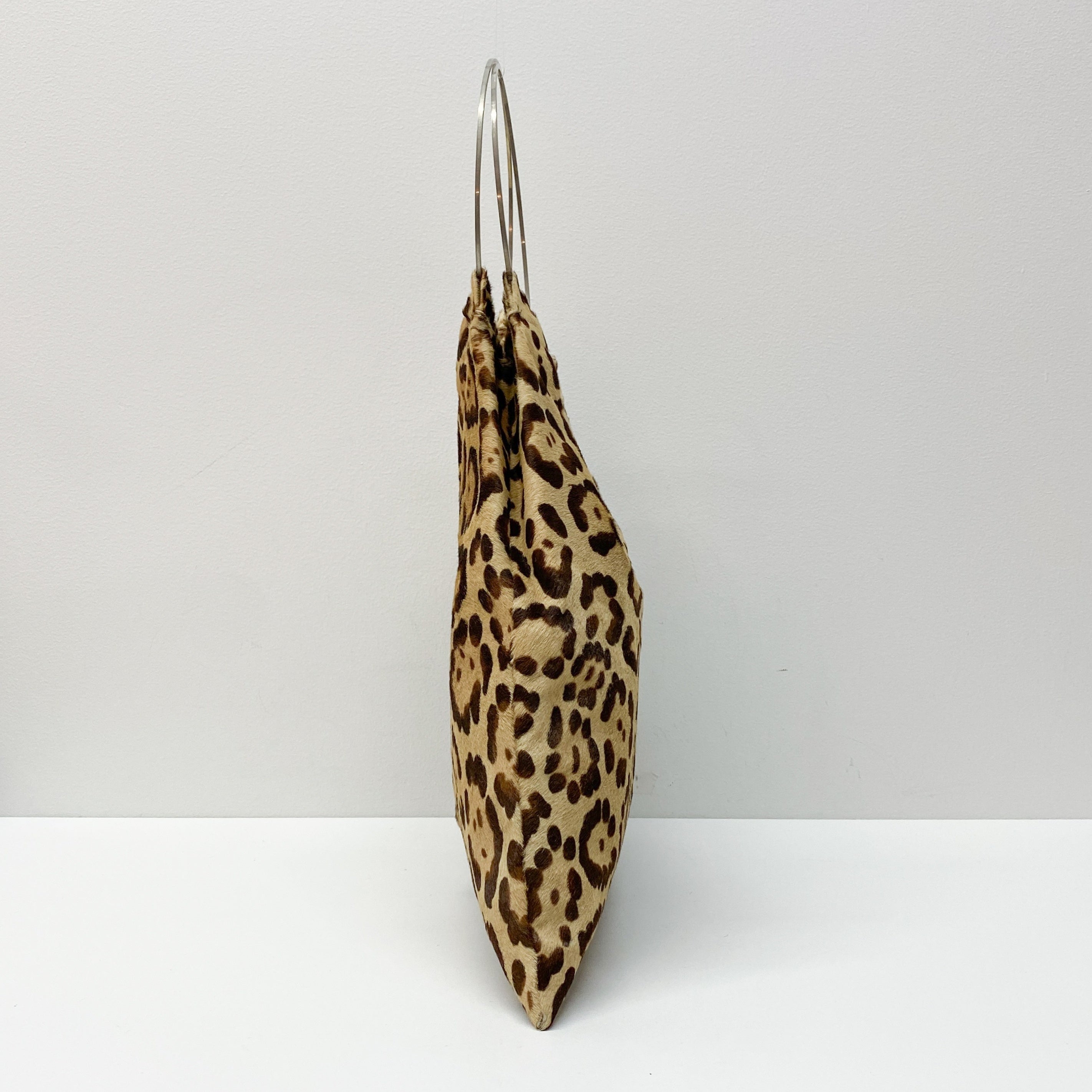 Brown Leopard Print Pony Hair Ring Handle Tote Bag