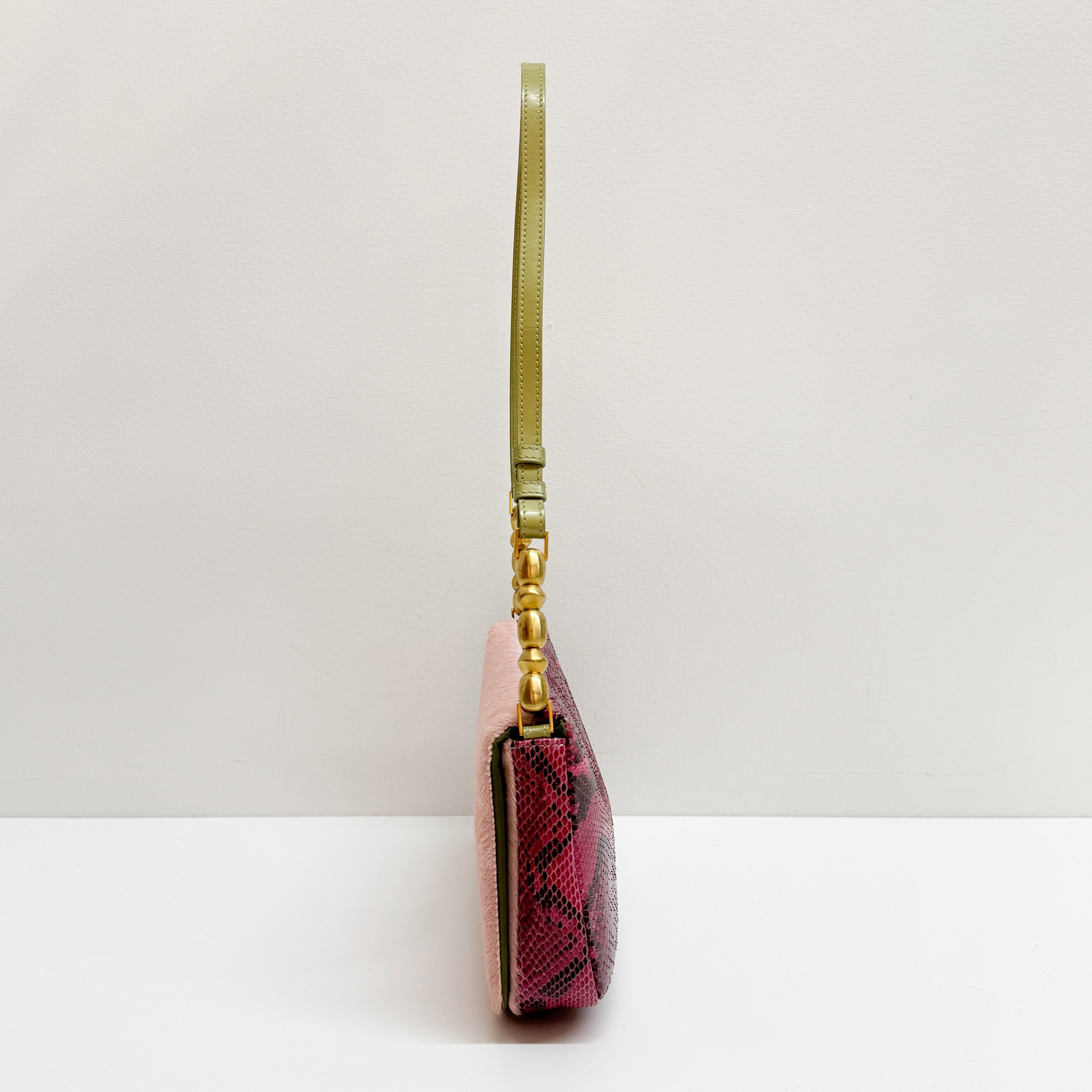 Malice Pearl Chain Pink Pony Hair Snake Skin Print Shoulder Bag