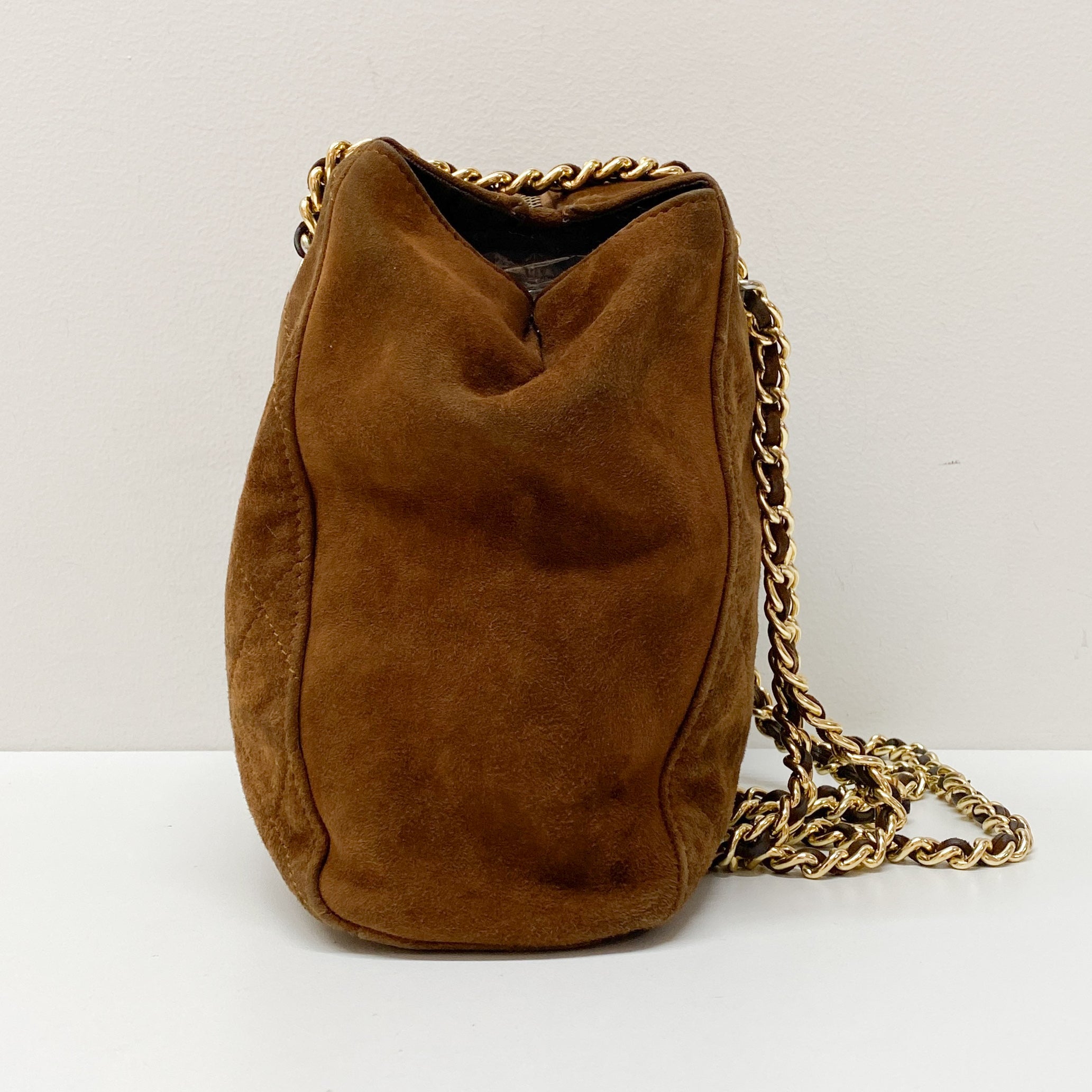 Gold Chain Brown Suede Shoulder Bag