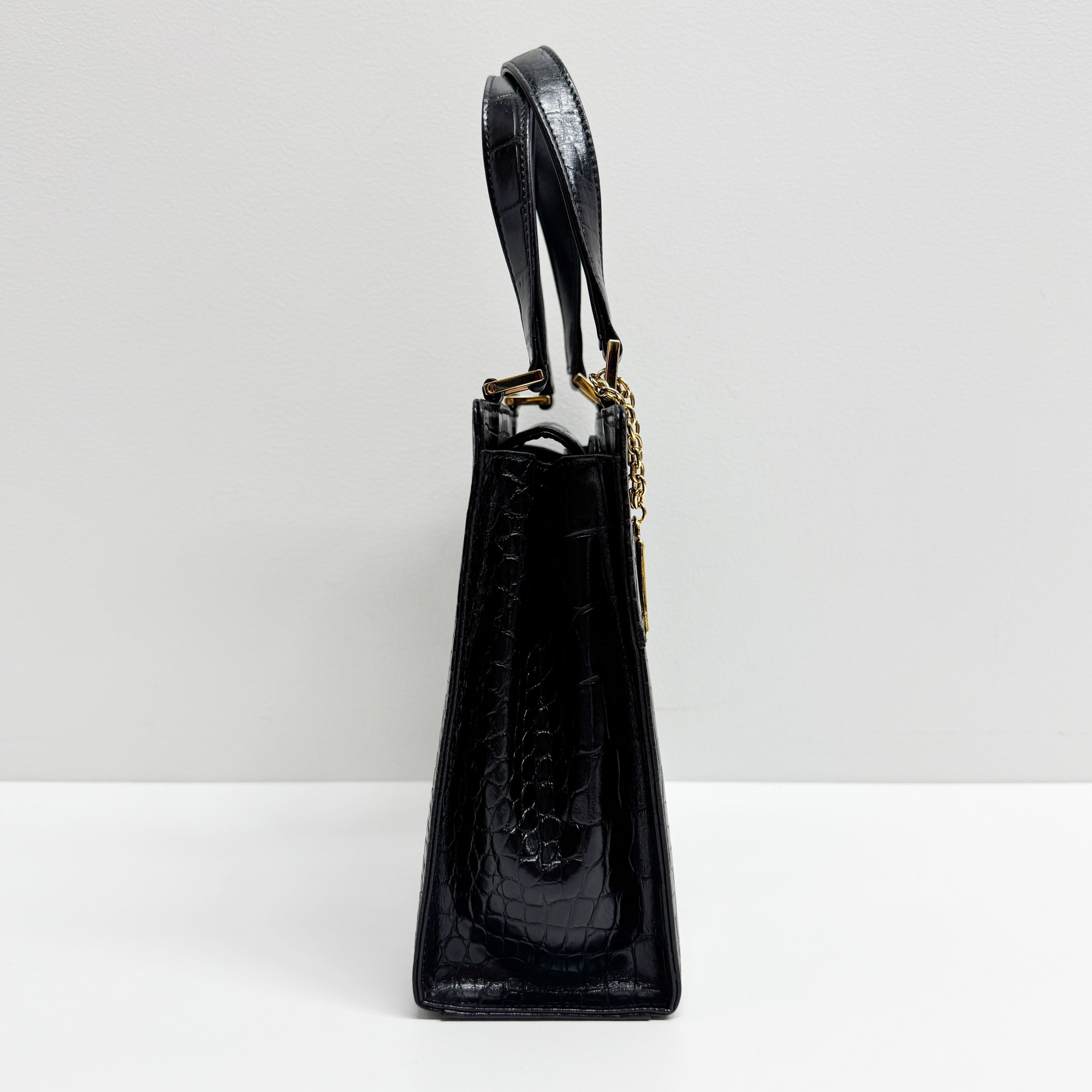 Black Croc Embossed Leather Handbag