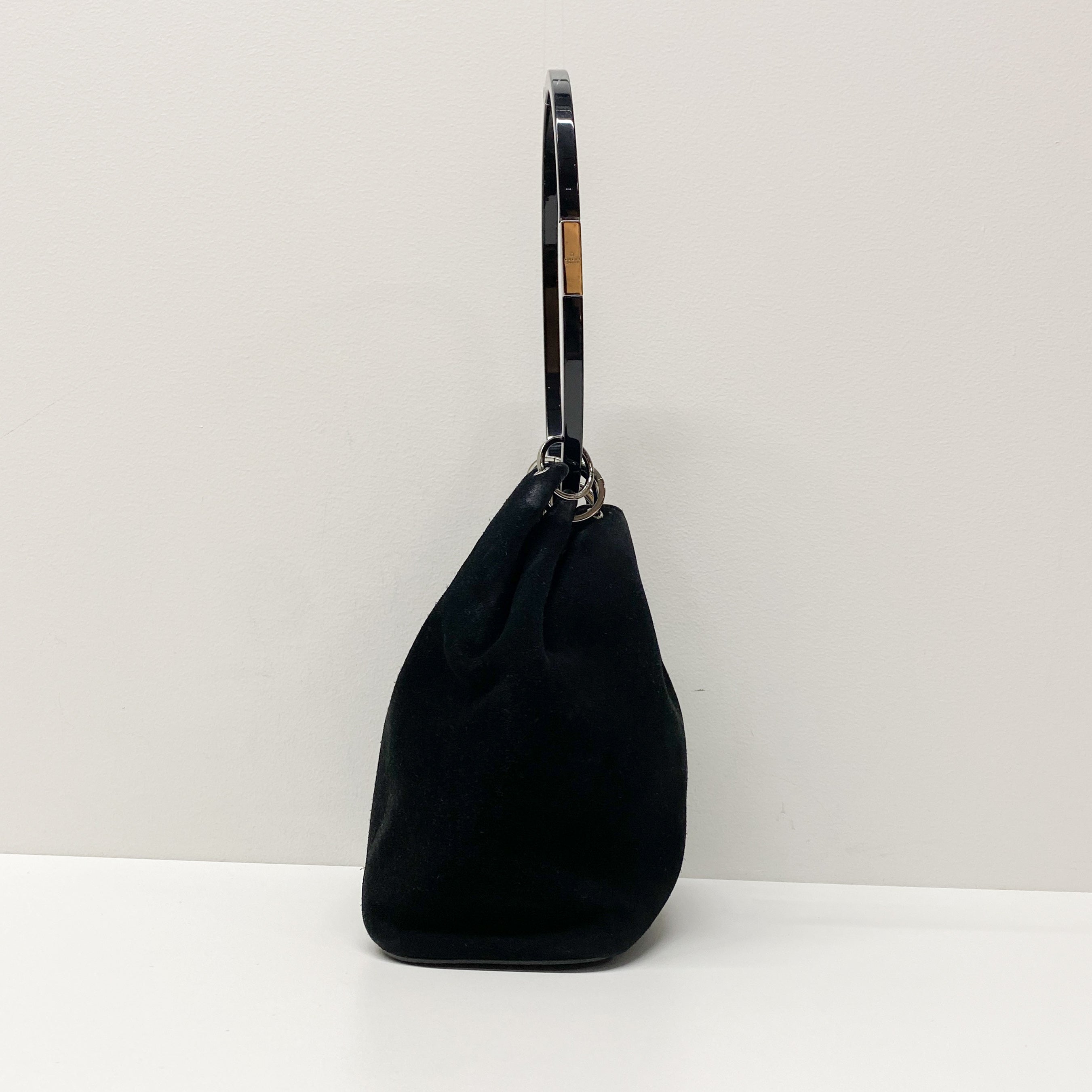 Metal Handle Black Suede Shoulder Bag