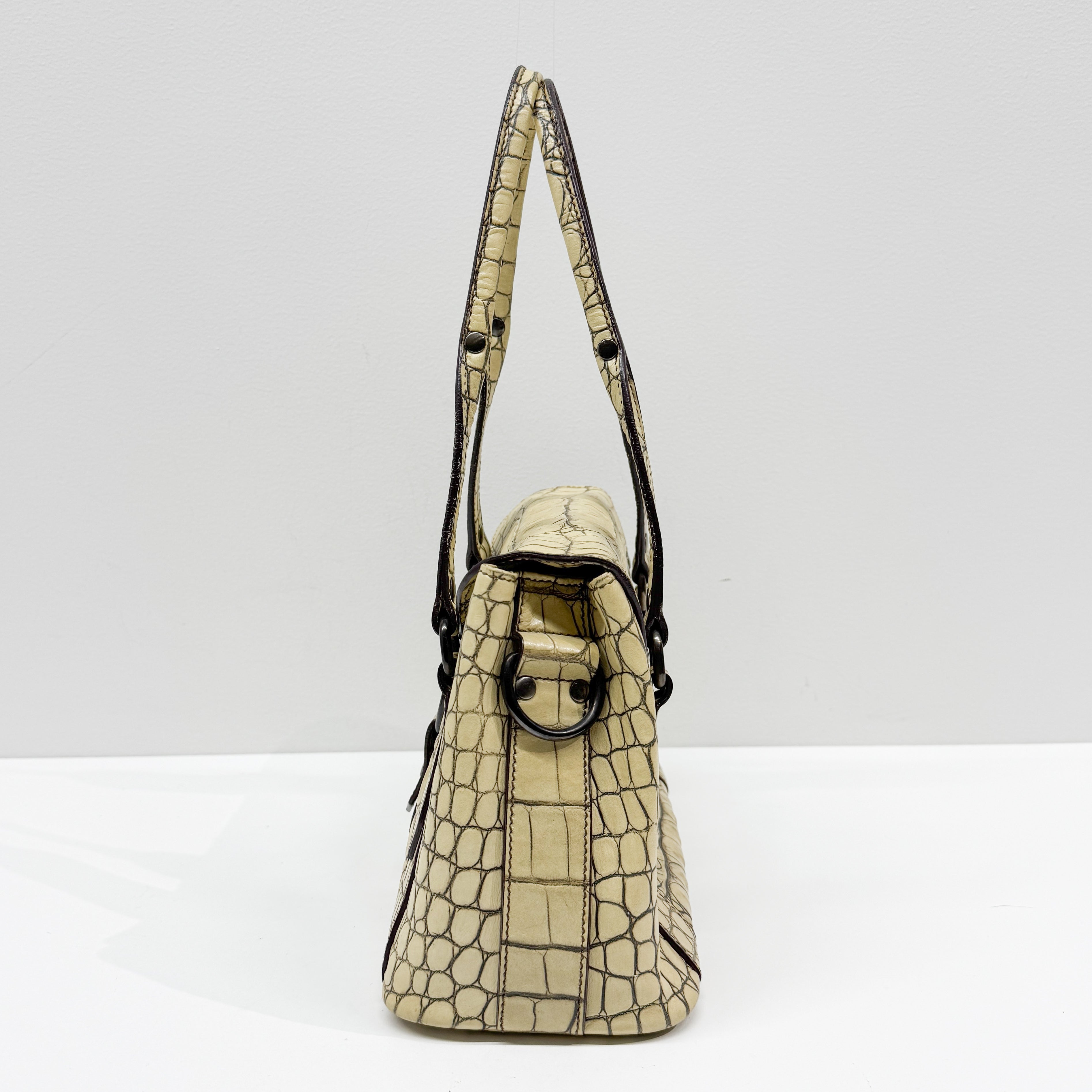 Vintage Beige Croc Embossed Leather Shoulder Bag